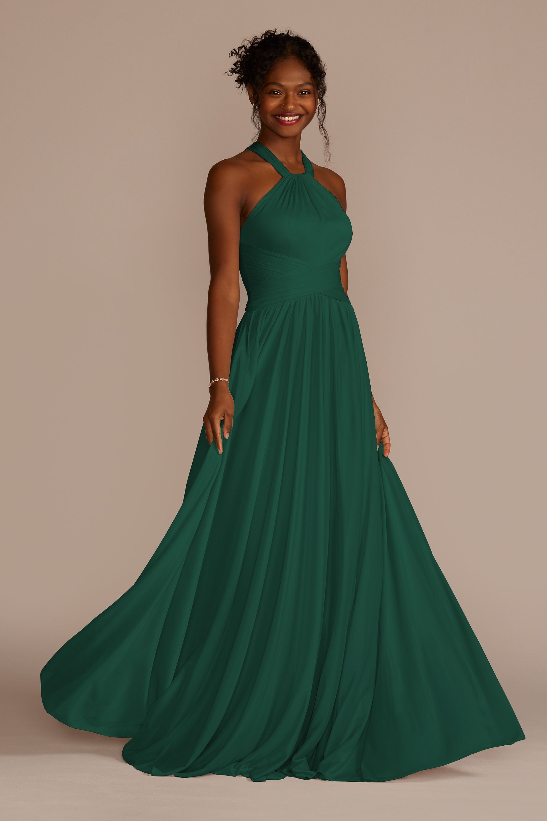 Celebrate DB Studio High-Neck Mesh Bridesmaid Dress With Full Skirt in Juniper Size: 30 David's Bridal