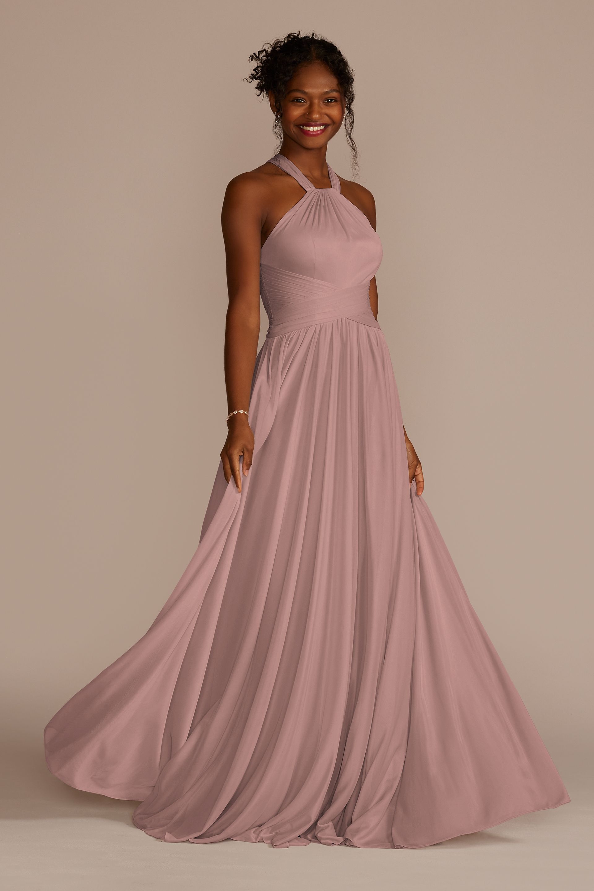 Celebrate DB Studio High-Neck Mesh Bridesmaid Dress With Full Skirt in Quartz Size: 30 David's Bridal