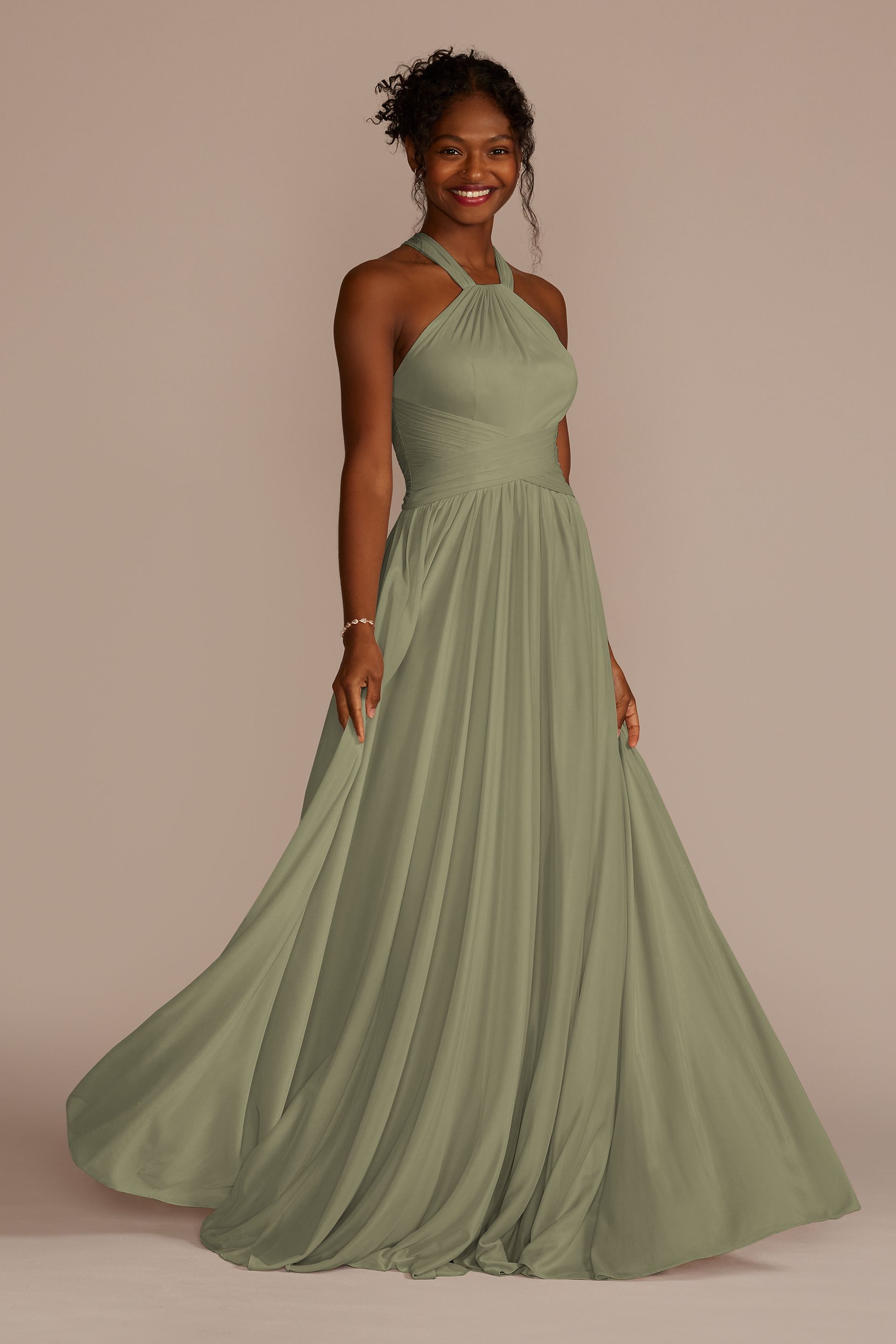 Celebrate DB Studio High-Neck Mesh Bridesmaid Dress With Full Skirt in Eucalyptus Size: 22 David's Bridal