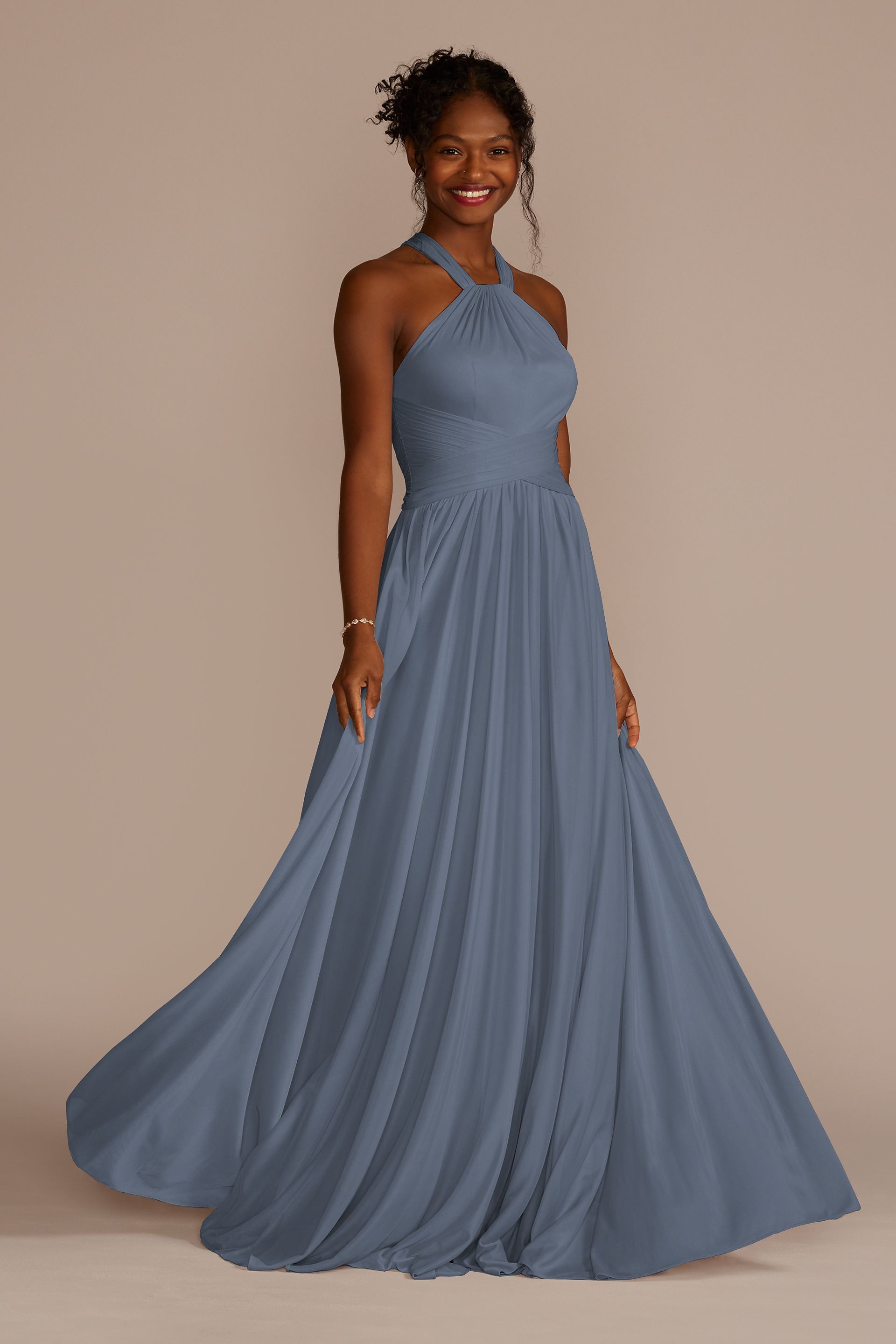 Celebrate DB Studio High-Neck Mesh Bridesmaid Dress With Full Skirt in Steel Blue Size: 10 David's Bridal