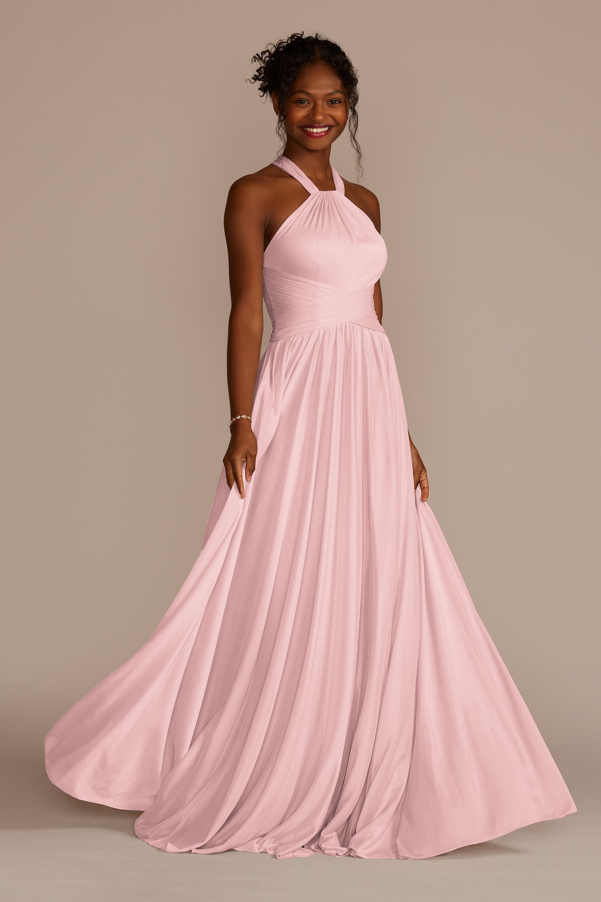 Celebrate DB Studio High-Neck Mesh Bridesmaid Dress With Full Skirt in Pastel Pink Size: 0 David's Bridal