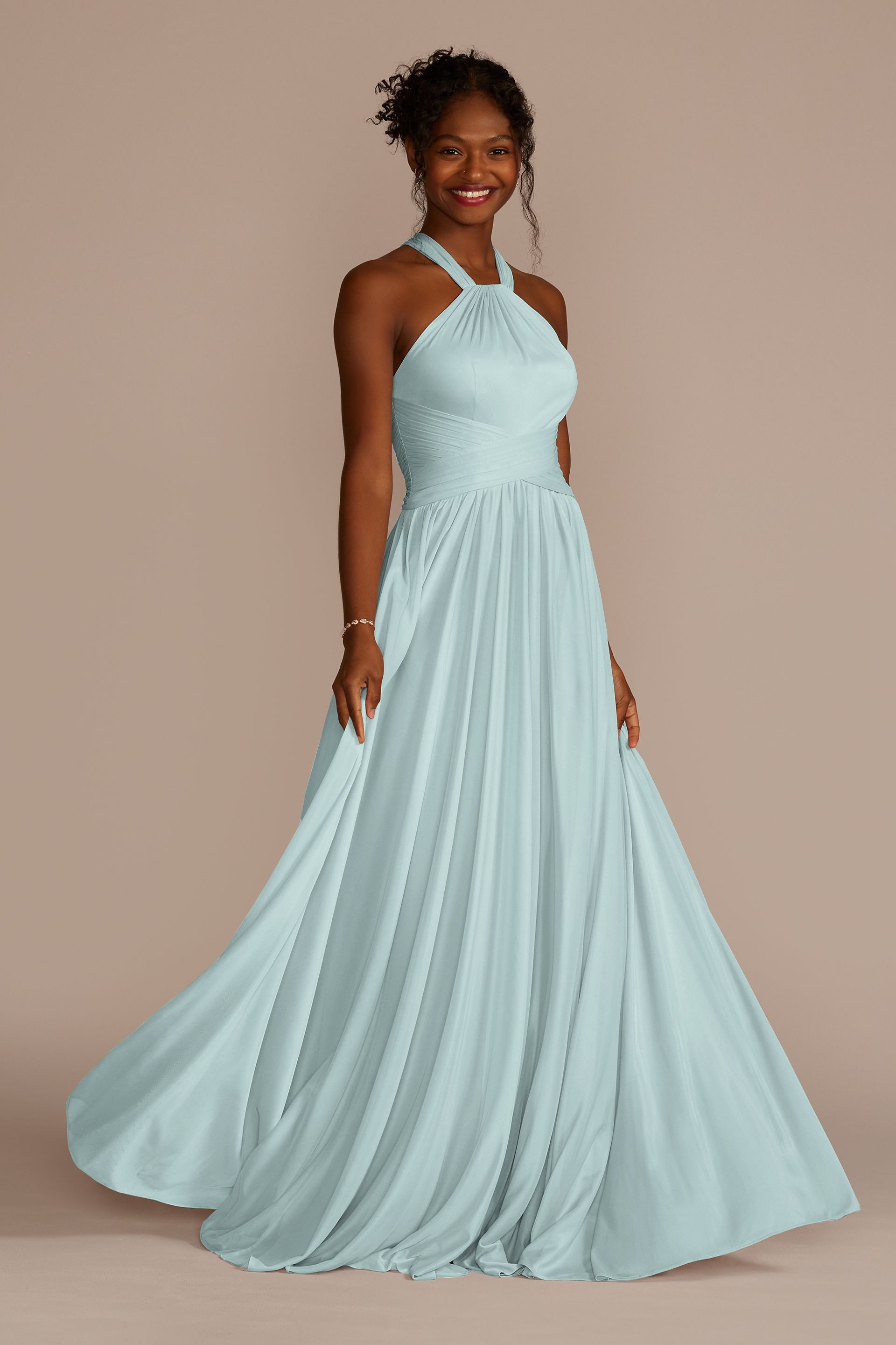 Celebrate DB Studio High-Neck Mesh Bridesmaid Dress With Full Skirt in Sky Blue Size: 30 David's Bridal