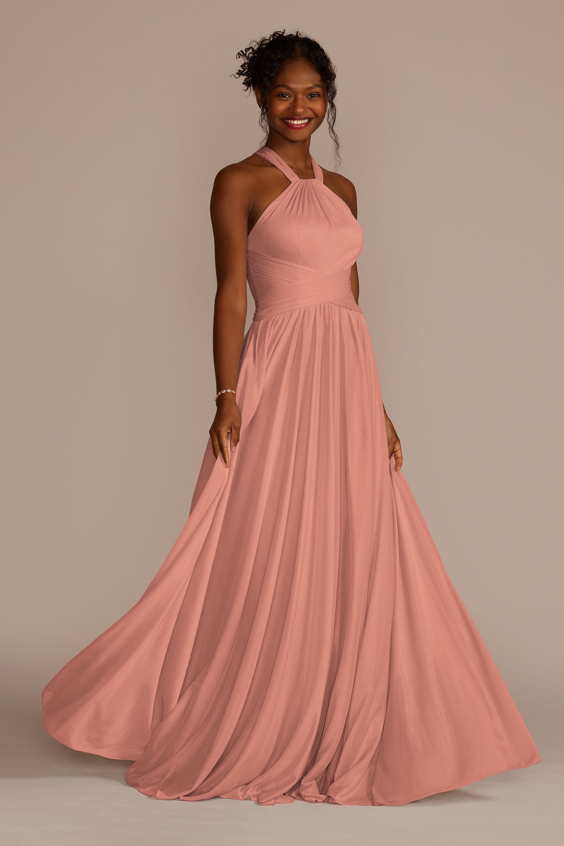 Celebrate DB Studio High-Neck Mesh Bridesmaid Dress With Full Skirt in Desert Coral Size: 12 David's Bridal