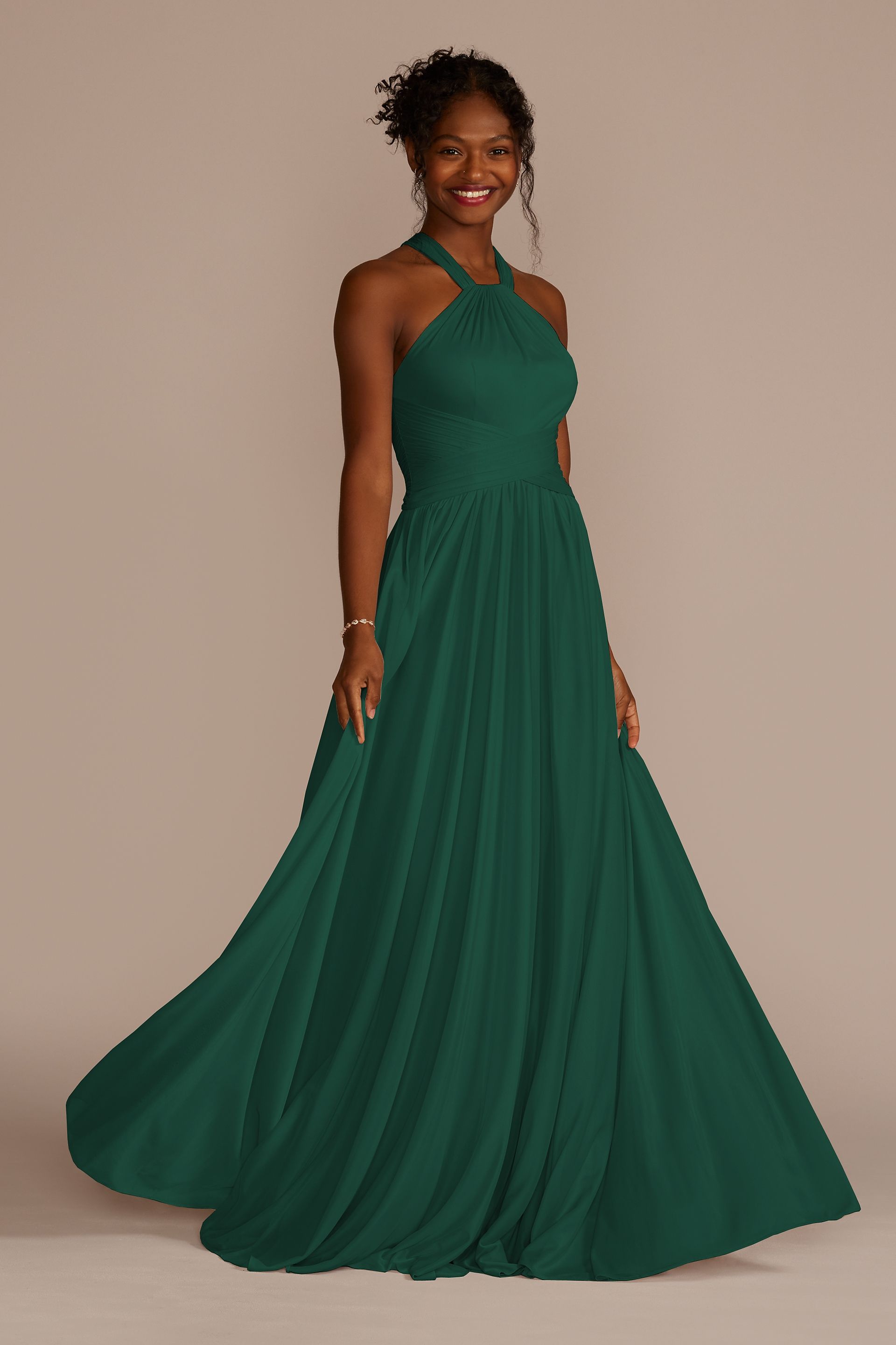 Celebrate DB Studio High-Neck Mesh Bridesmaid Dress With Full Skirt in Juniper Size: 14 David's Bridal