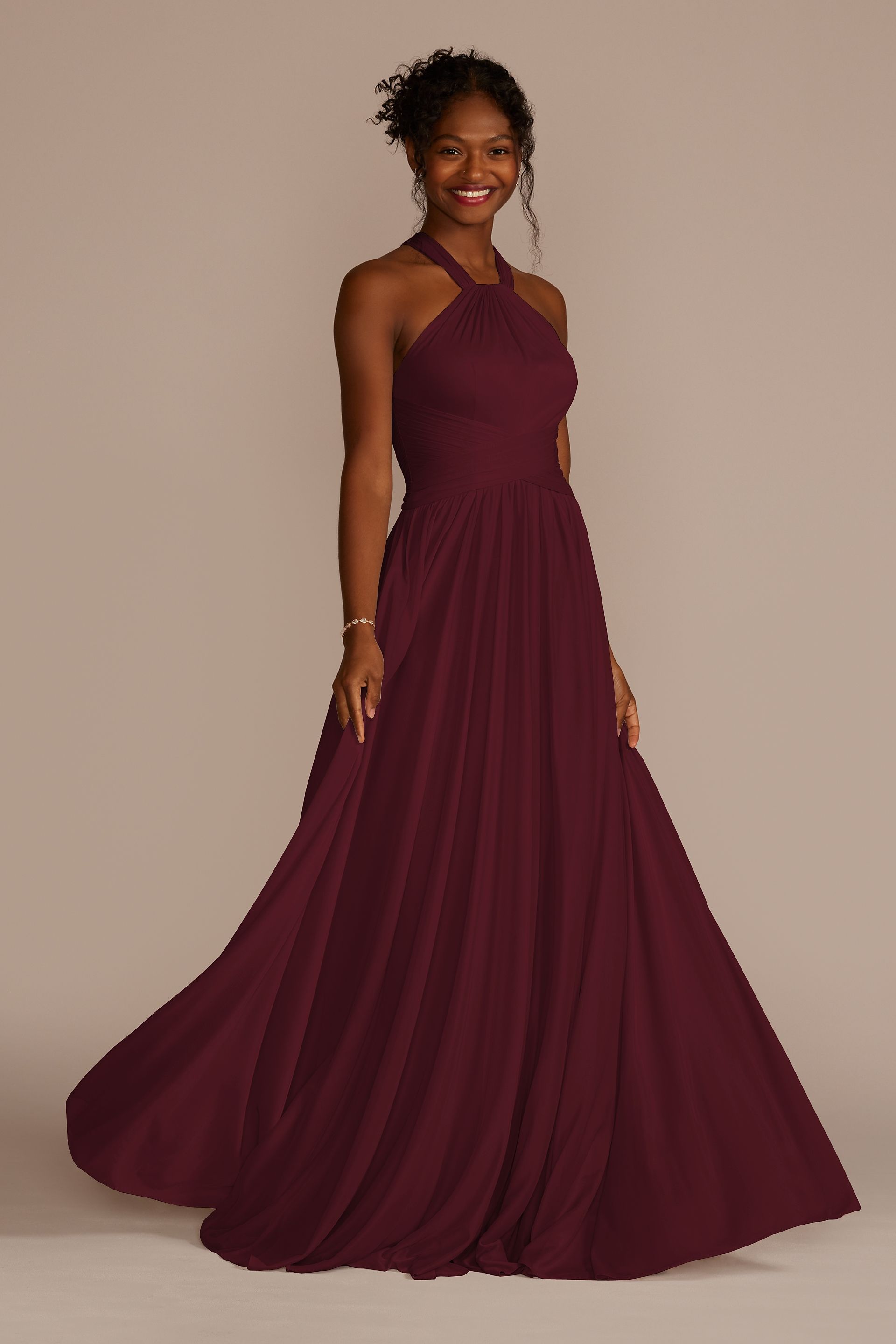 Celebrate DB Studio High-Neck Mesh Bridesmaid Dress With Full Skirt in Wine Size: 0 David's Bridal