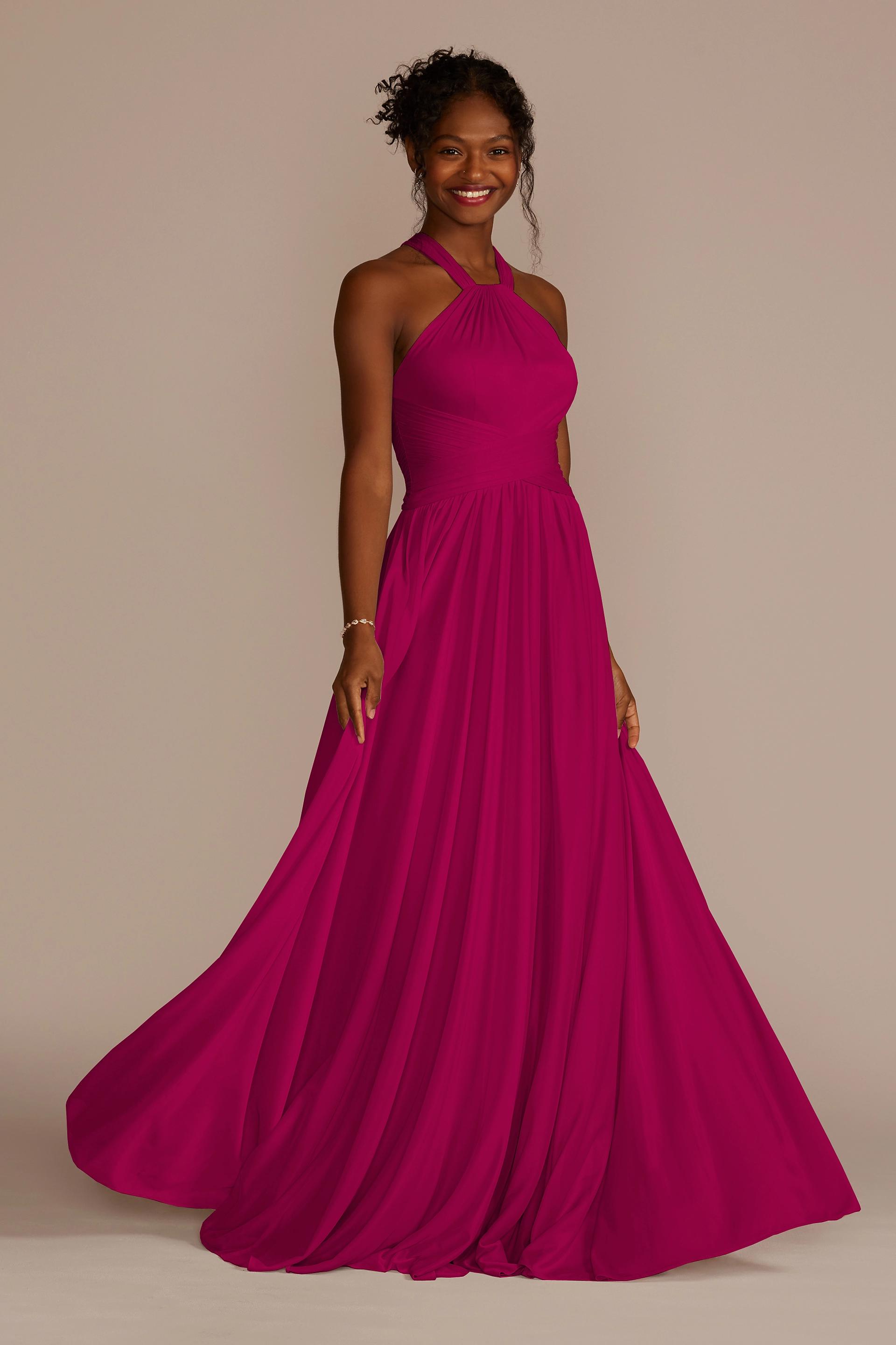 Celebrate DB Studio High-Neck Mesh Bridesmaid Dress With Full Skirt in Berry Size: 6 David's Bridal