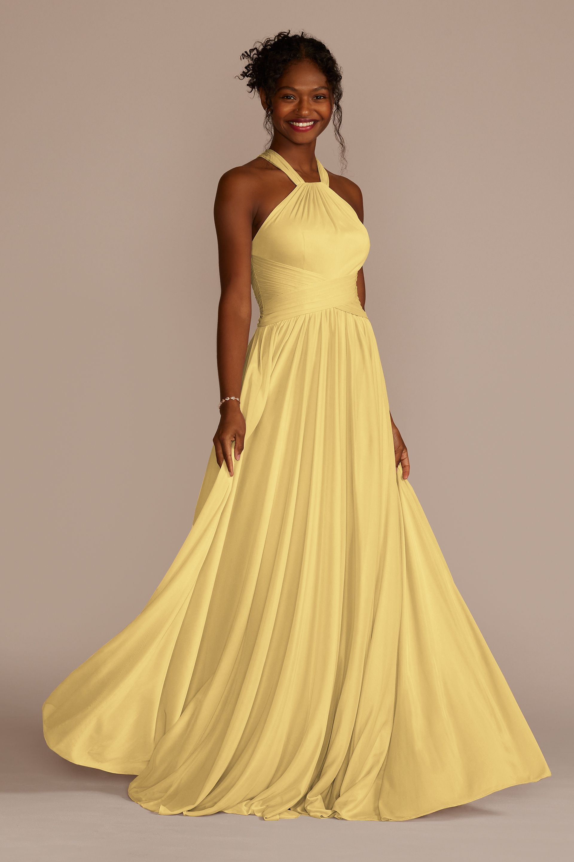 Celebrate DB Studio High-Neck Mesh Bridesmaid Dress With Full Skirt in Pale Yellow Size: 14 David's Bridal