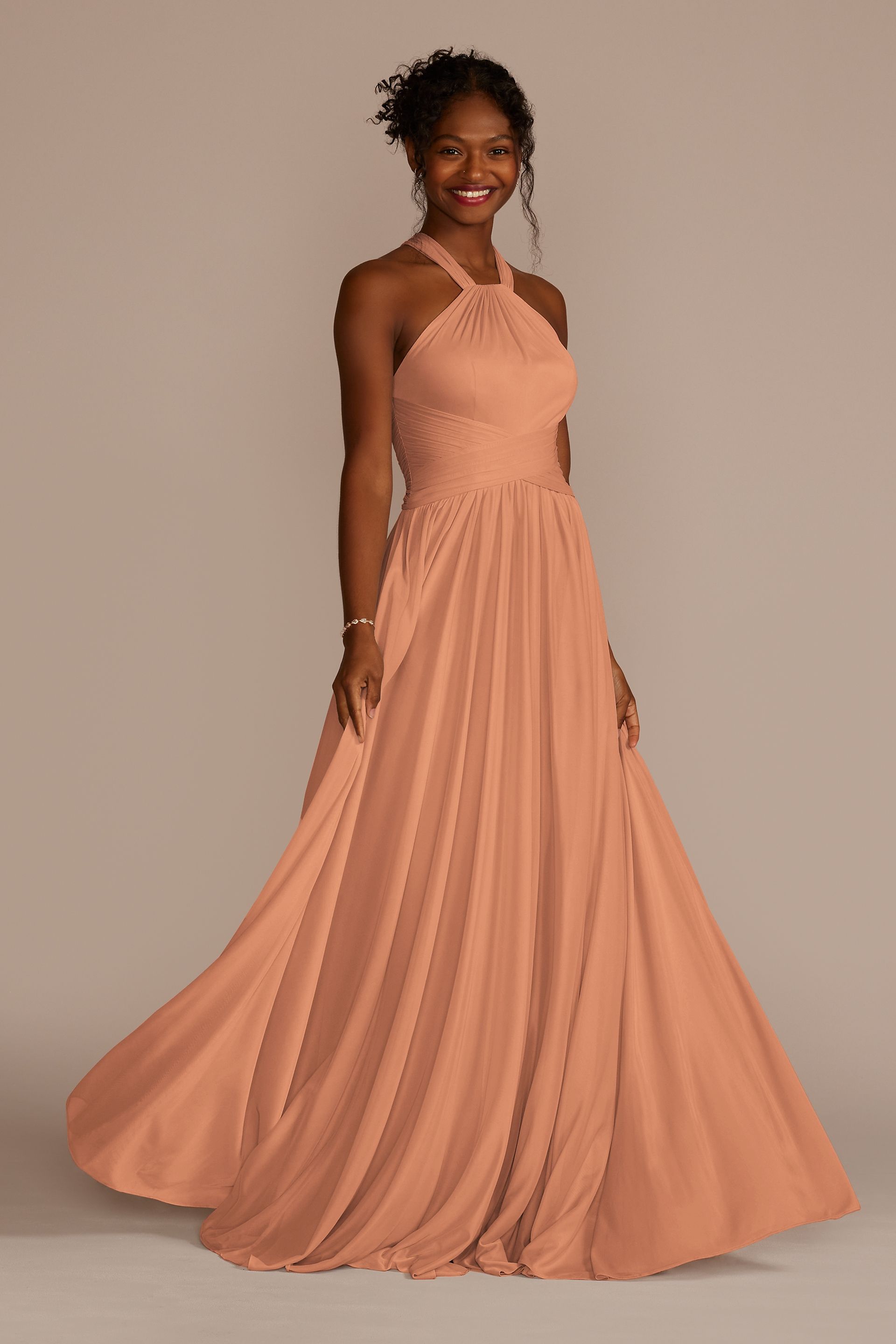 Celebrate DB Studio High-Neck Mesh Bridesmaid Dress With Full Skirt in Terracotta Size: 28 David's Bridal