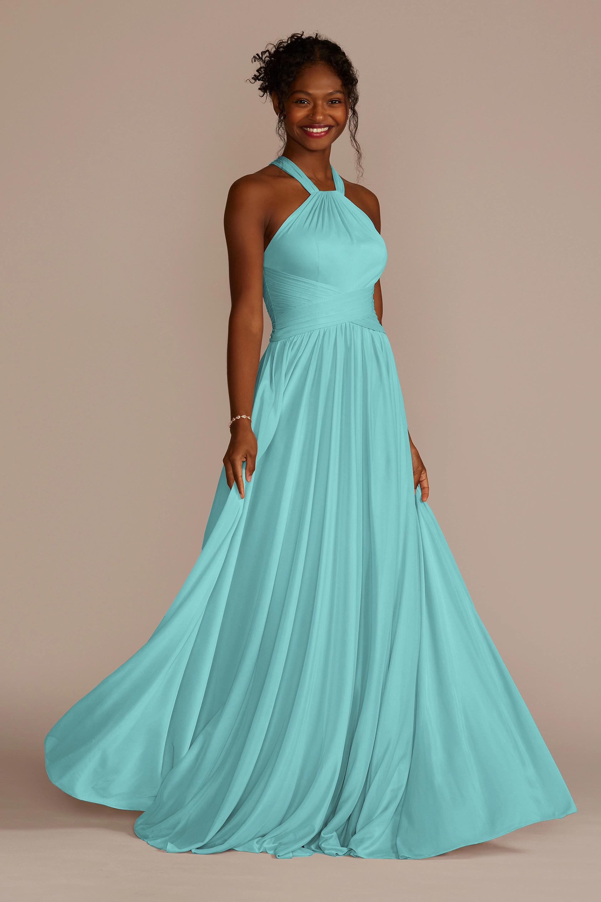 high-neck mesh bridesmaid dress with full skirt Mesh Bridesmaid Dress with High-Neck Halter