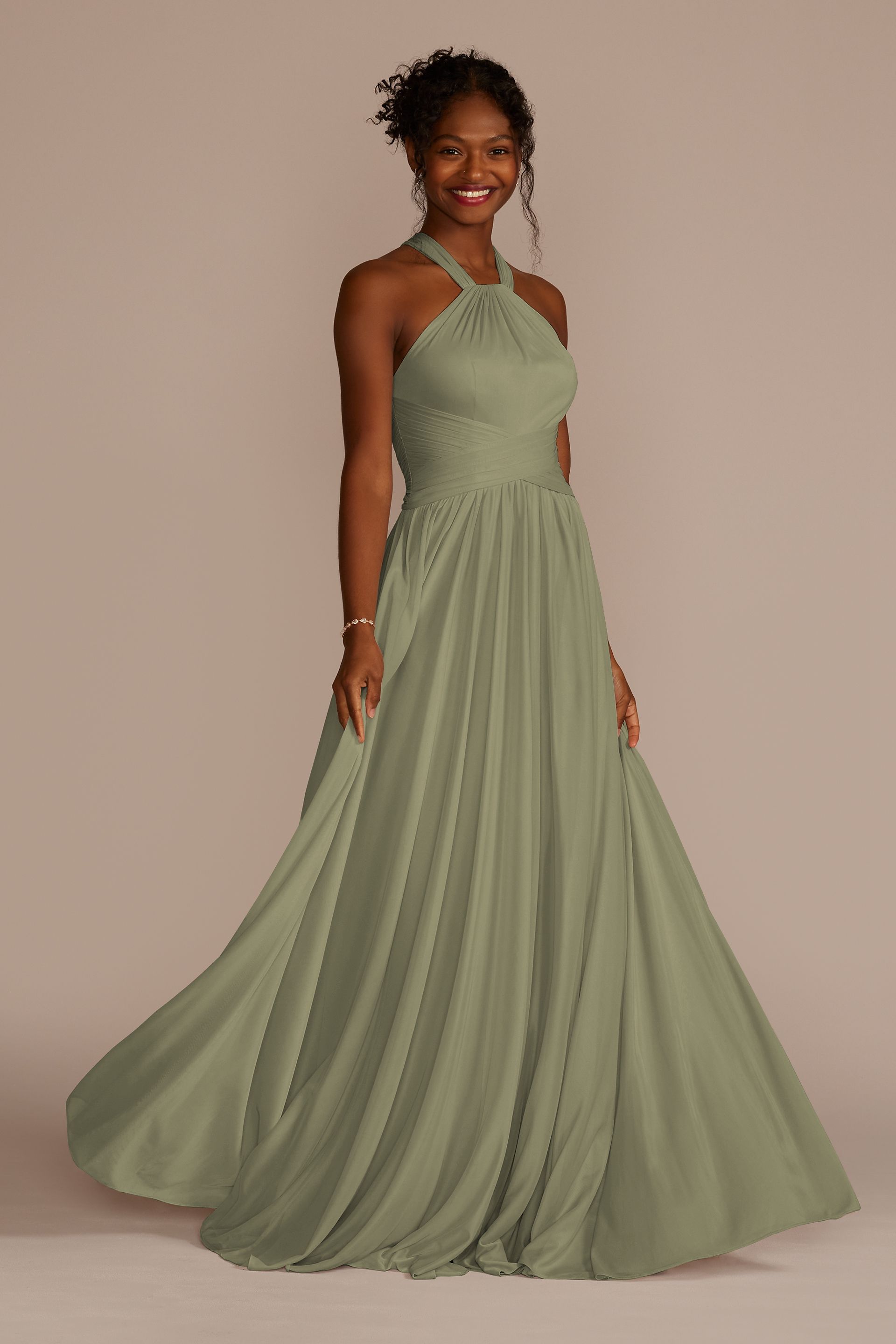 Celebrate DB Studio High-Neck Mesh Bridesmaid Dress With Full Skirt in Eucalyptus Size: 16 David's Bridal
