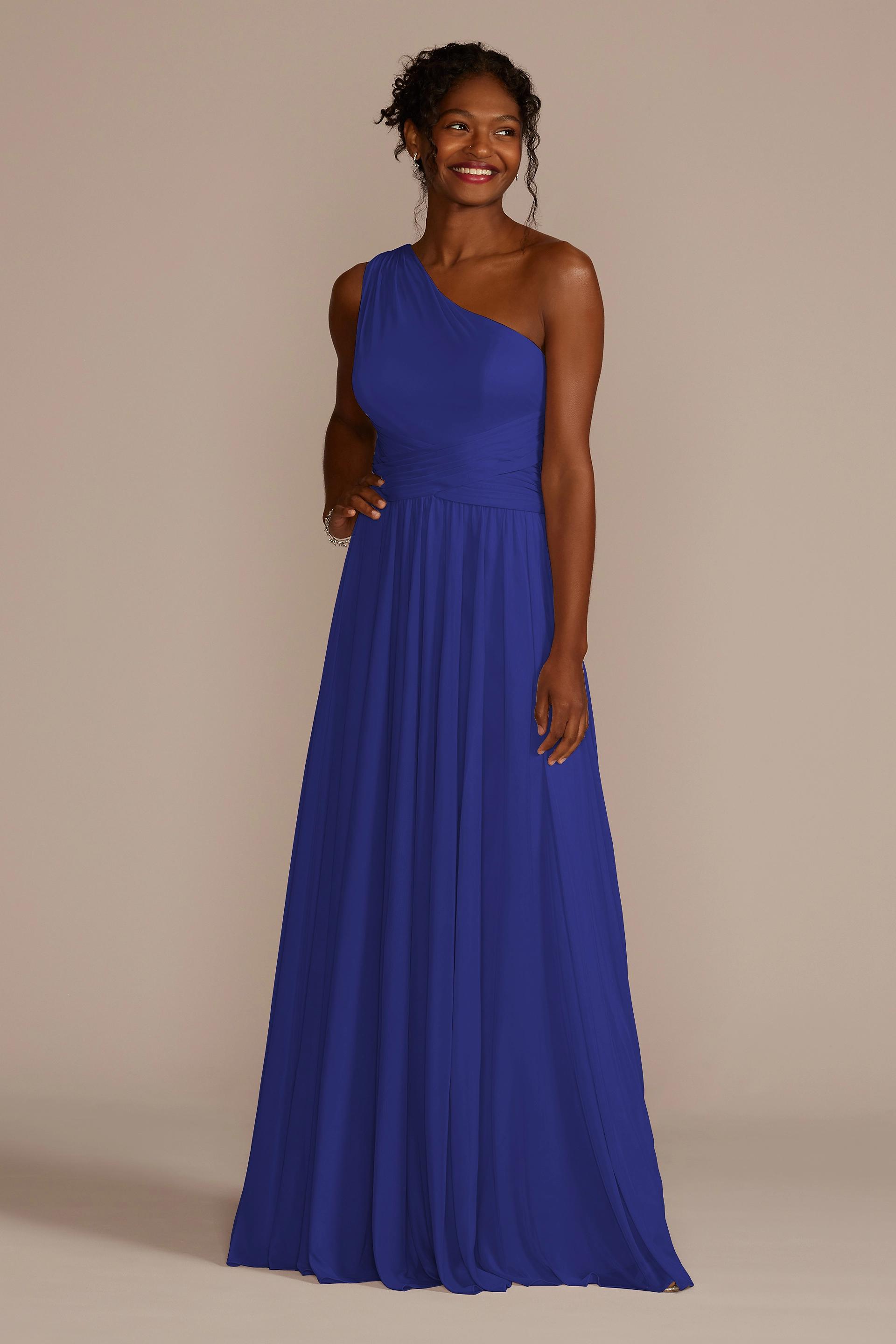 one shoulder mesh bridesmaid dress with full skirt Azazie Charlize Dusty Blue Mesh Bridesmaid Dresses