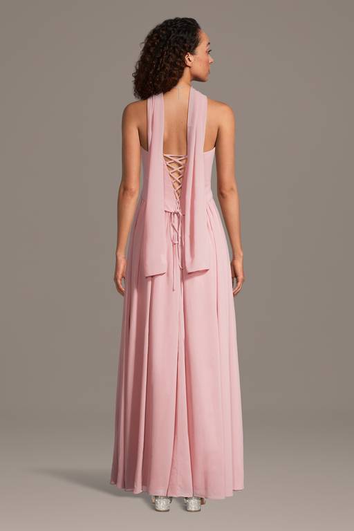 pink bridesmaid dress with scarf ASOS DESIGN bridesmaids halter neck satin maxi dress with scarf detail in  pink