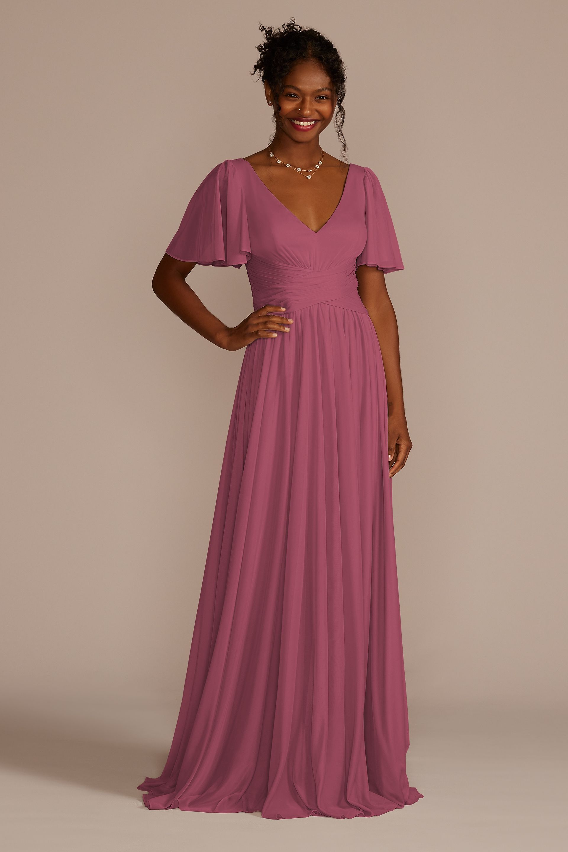 Celebrate DB Studio Flutter Sleeve Crisscross Mesh Bridesmaid Dress in Chianti Size: 22 David's Bridal