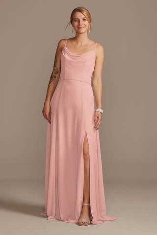 View Celebrate DB Studio Cowl Neck Chiffon Dress with Slit in all available color and sizes Picture of Cowl Neck Chiffon Dress with Slit