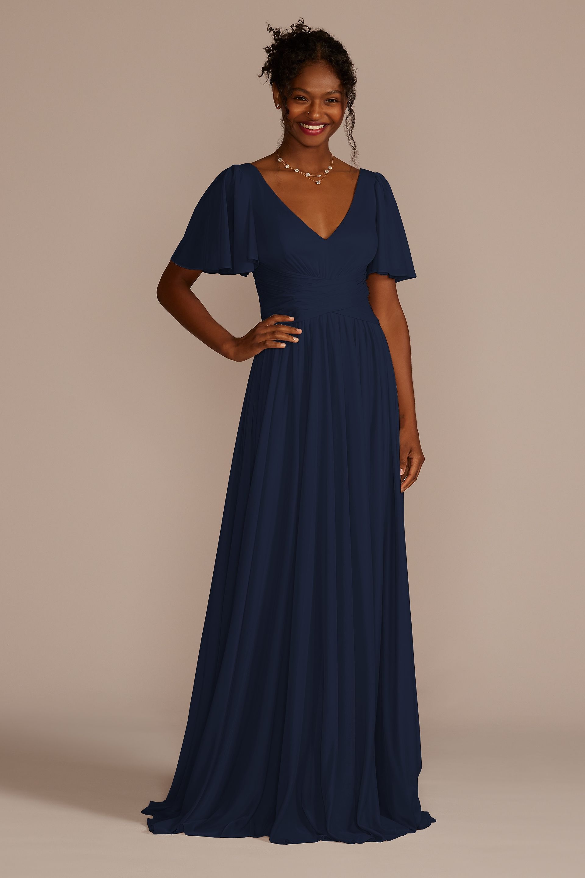 Celebrate DB Studio Flutter Sleeve Crisscross Mesh Bridesmaid Dress in Marine Size: 18 David's Bridal