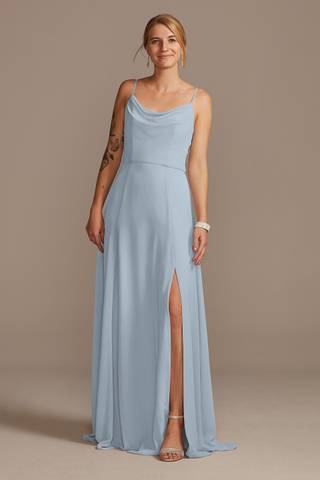 View Celebrate DB Studio Cowl Neck Chiffon Dress with Slit in all available color and sizes Picture of Cowl Neck Chiffon Dress with Slit