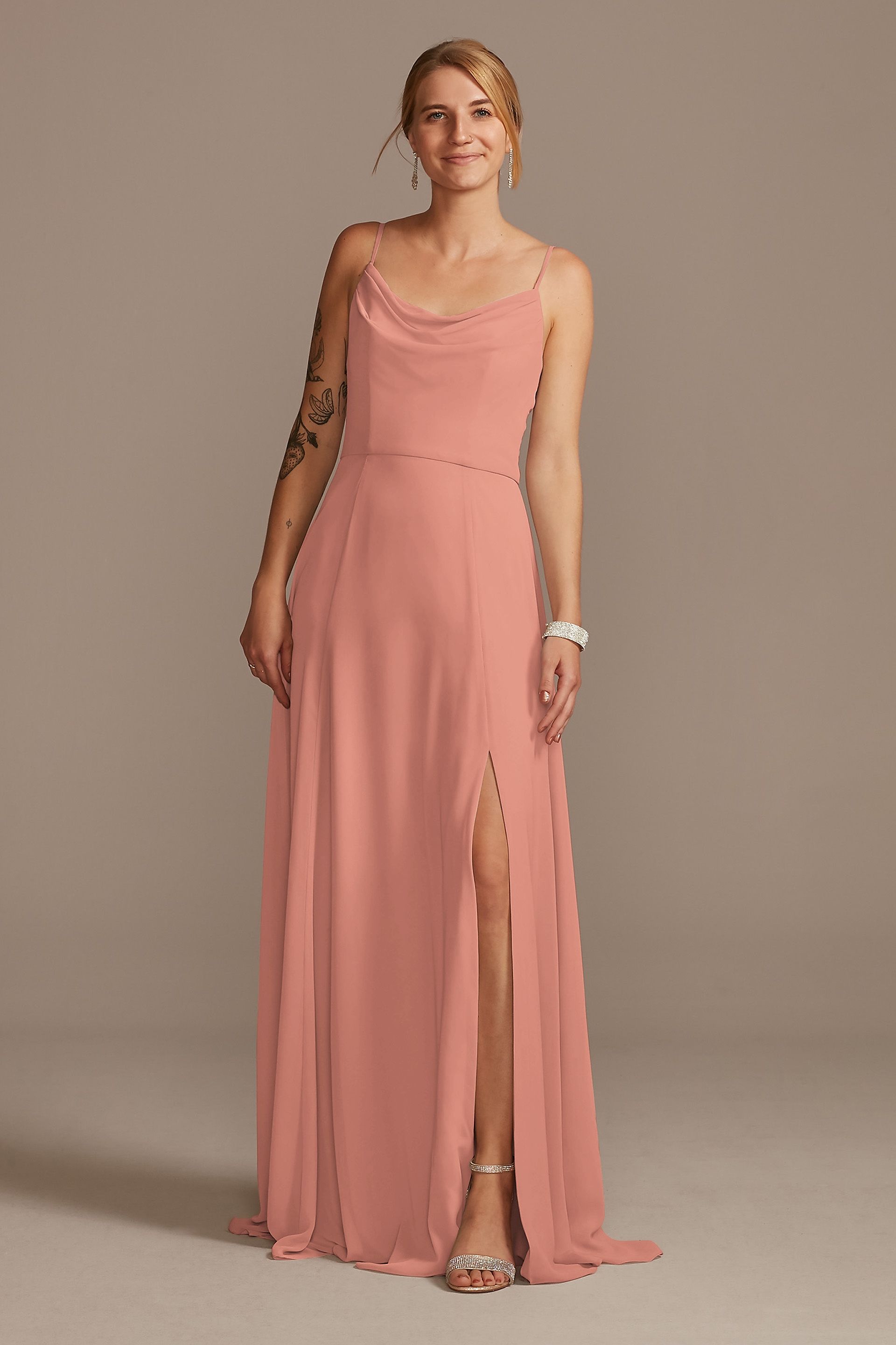 View Celebrate DB Studio Cowl Neck Chiffon Dress with Slit in all available color and sizes Picture of Cowl Neck Chiffon Dress with Slit
