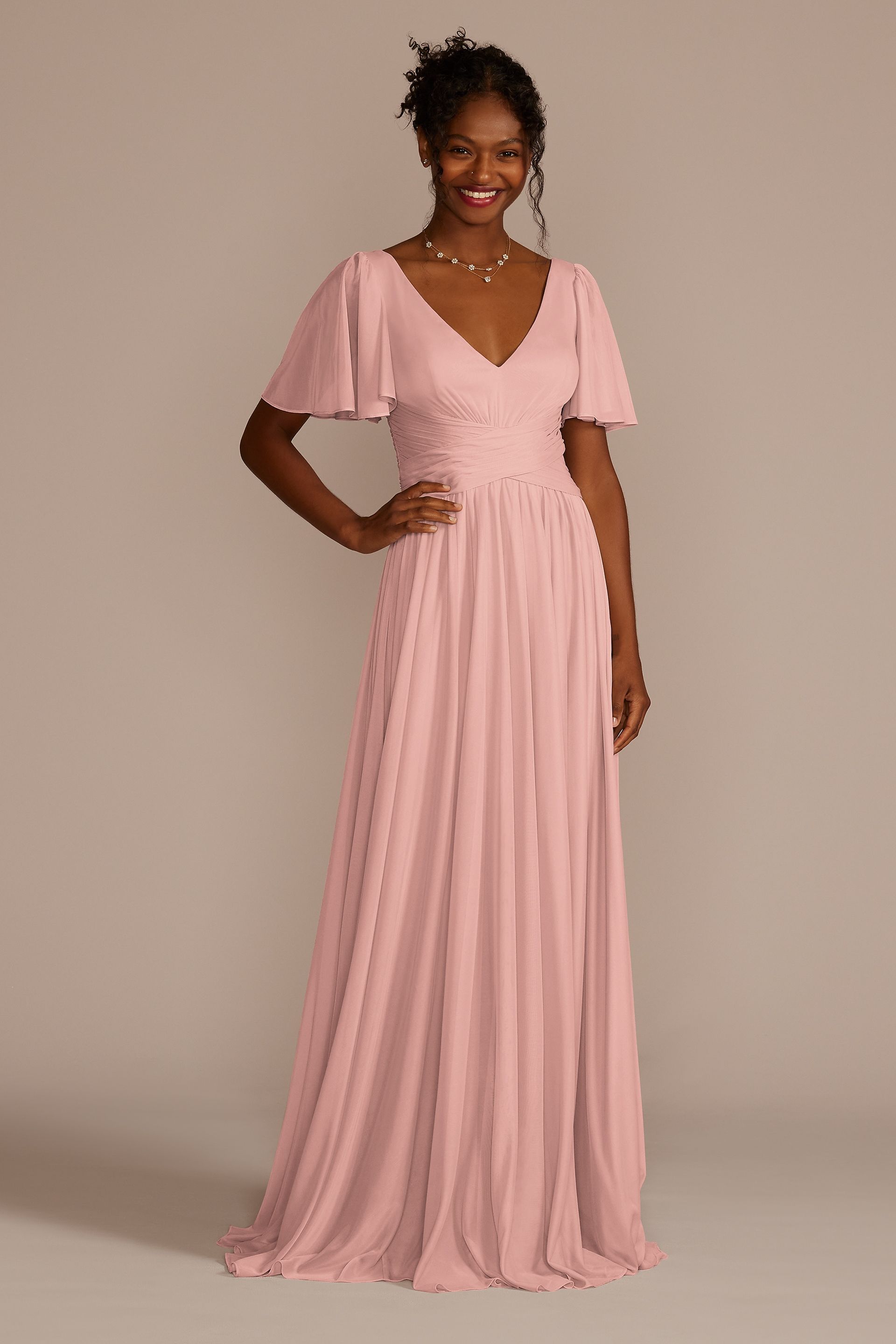 Celebrate DB Studio Flutter Sleeve Crisscross Mesh Bridesmaid Dress in Ballet Size: 16 David's Bridal