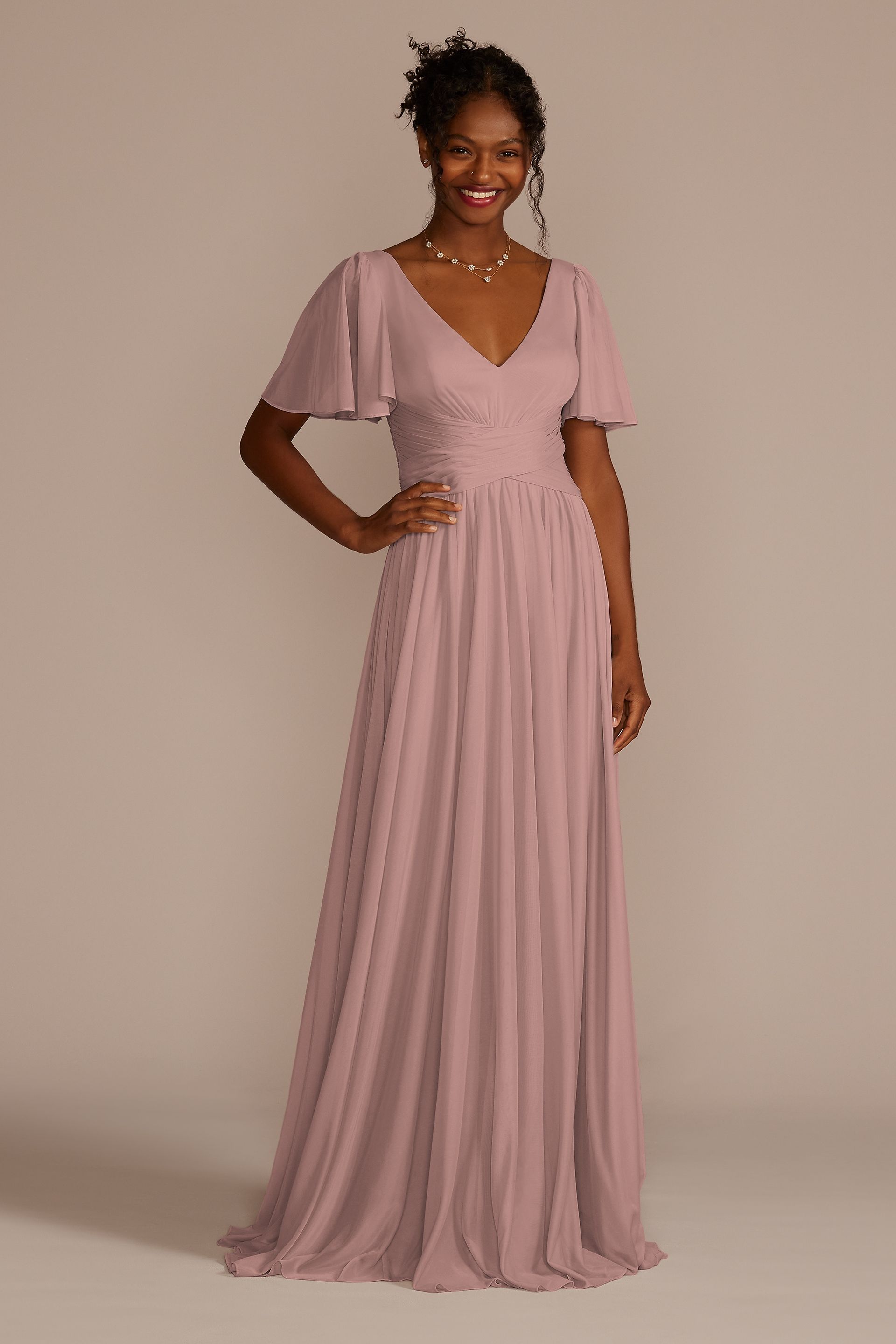 Celebrate DB Studio Flutter Sleeve Crisscross Mesh Bridesmaid Dress in Quartz Size: 8 David's Bridal