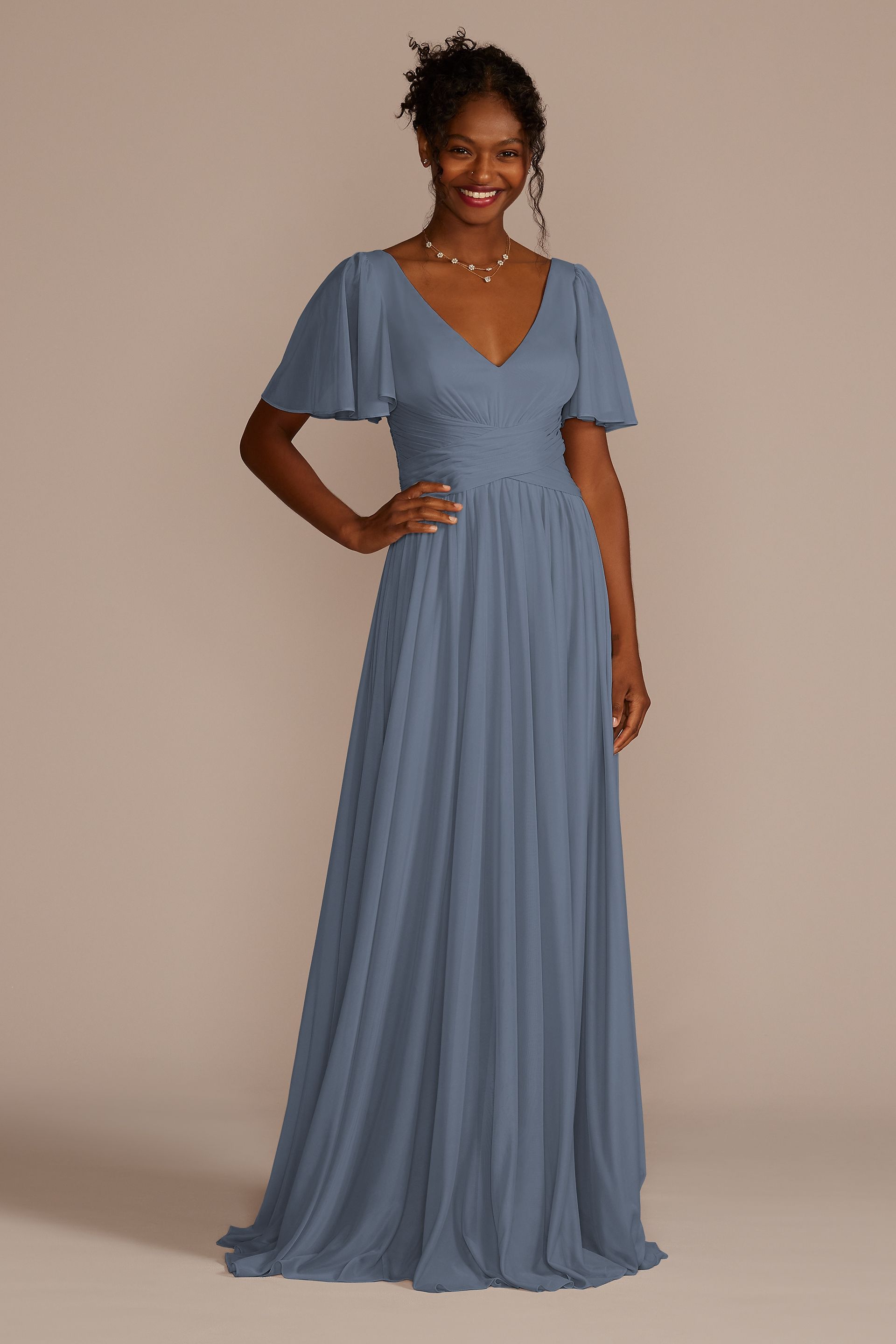 Celebrate DB Studio Flutter Sleeve Crisscross Mesh Bridesmaid Dress in Steel Blue Size: 18 David's Bridal