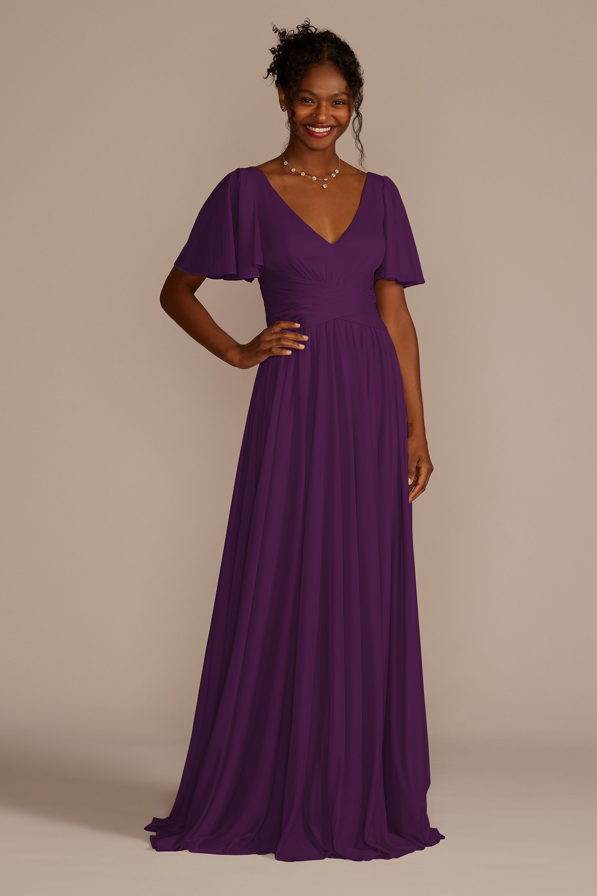 Celebrate DB Studio Flutter Sleeve Crisscross Mesh Bridesmaid Dress in Plum Size: 0 David's Bridal