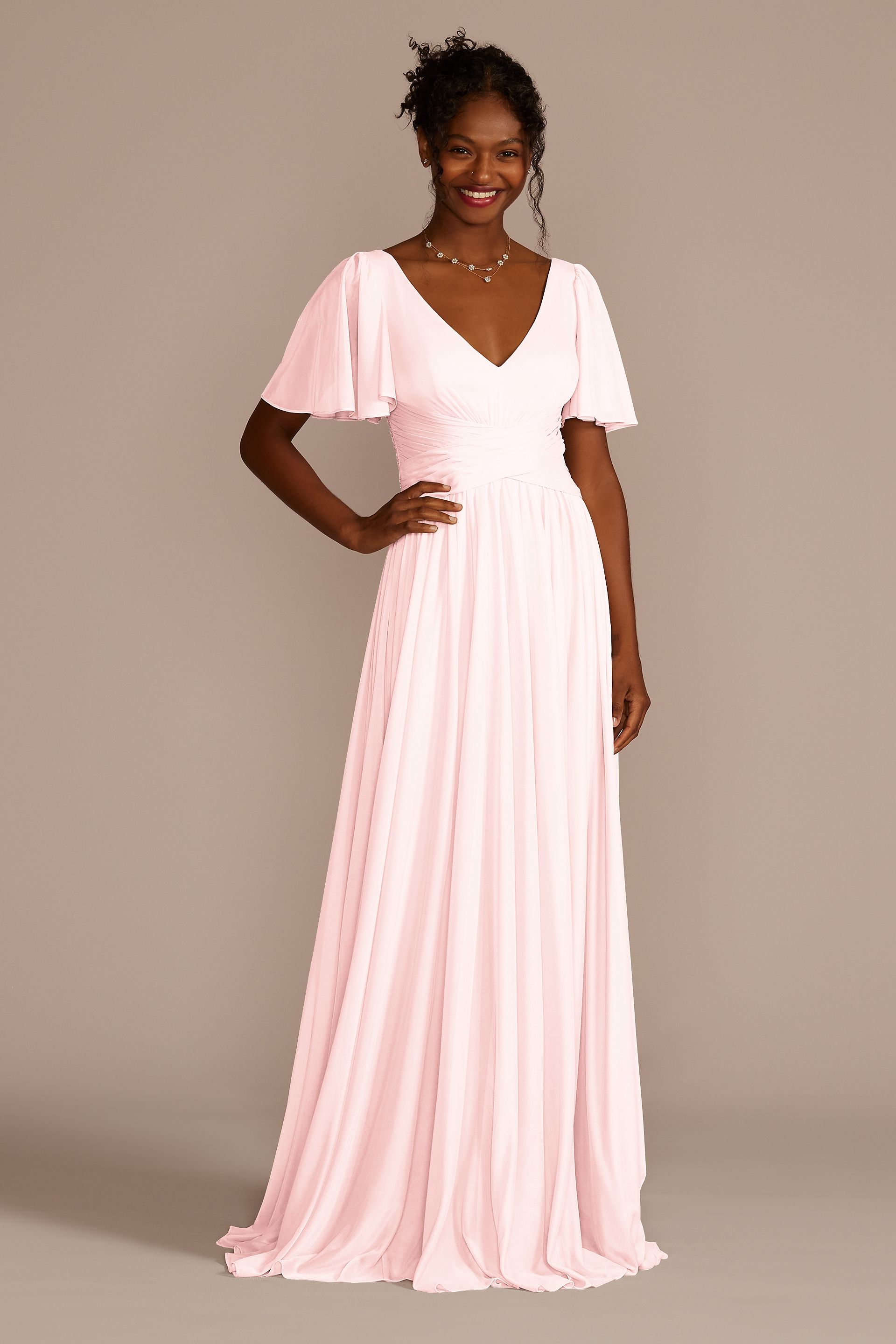 Celebrate DB Studio Flutter Sleeve Crisscross Mesh Bridesmaid Dress in Petal Size: 4 David's Bridal