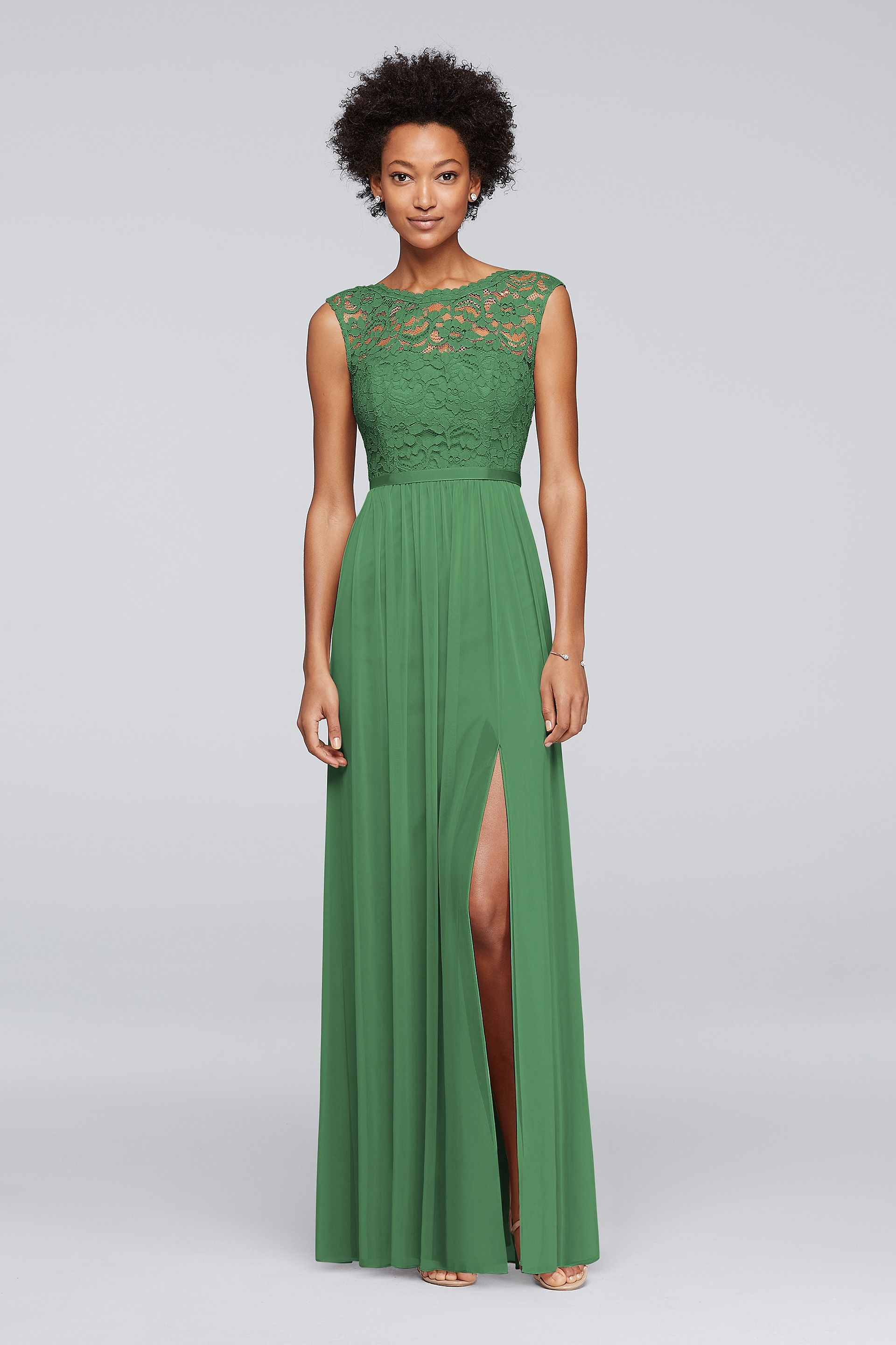 david's bridal long bridesmaid dress with lace bodice Lace Dress with Long Mesh Skirt