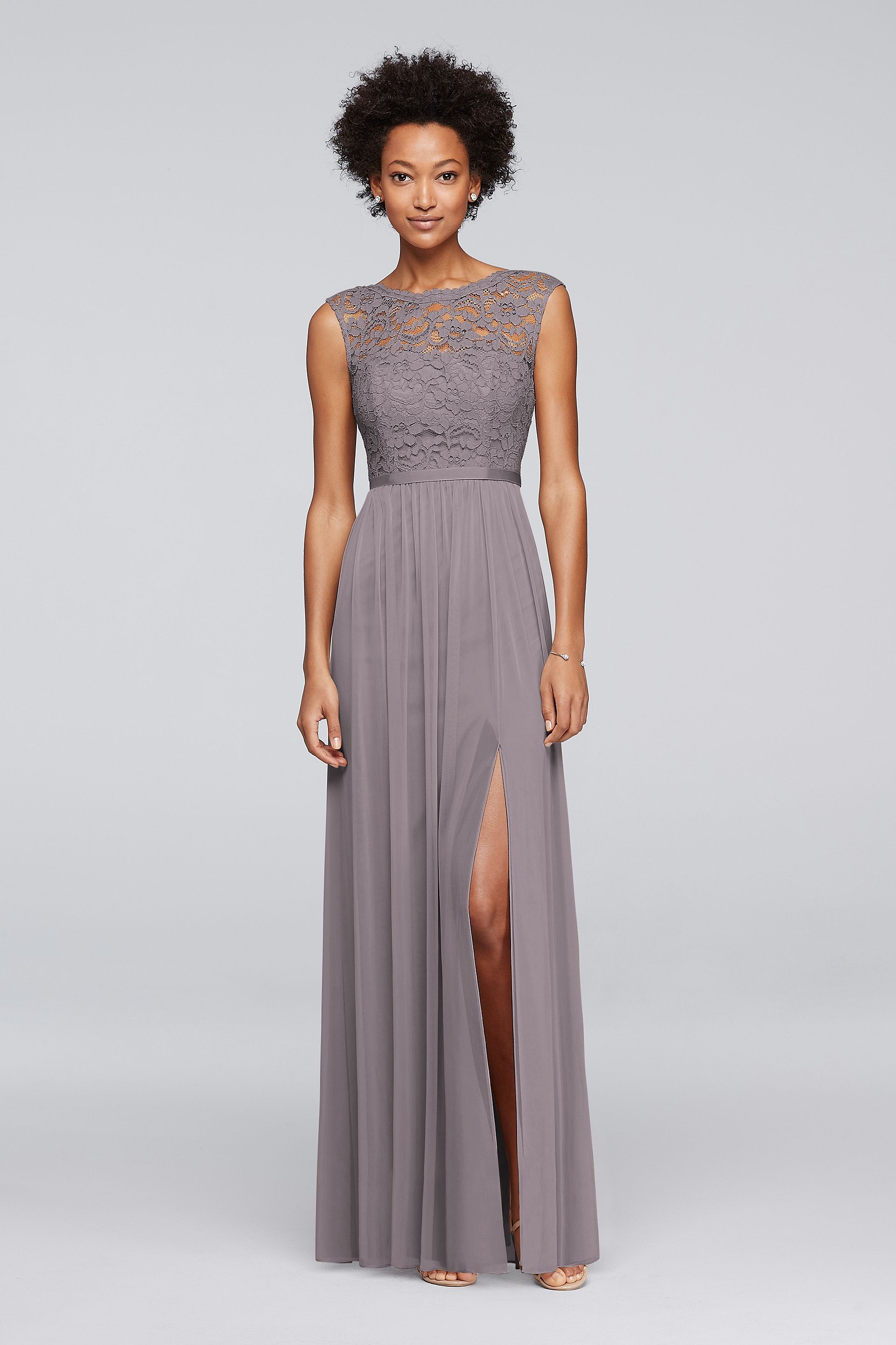 david's bridal long bridesmaid dress with lace bodice Lace Dress with Long Mesh Skirt