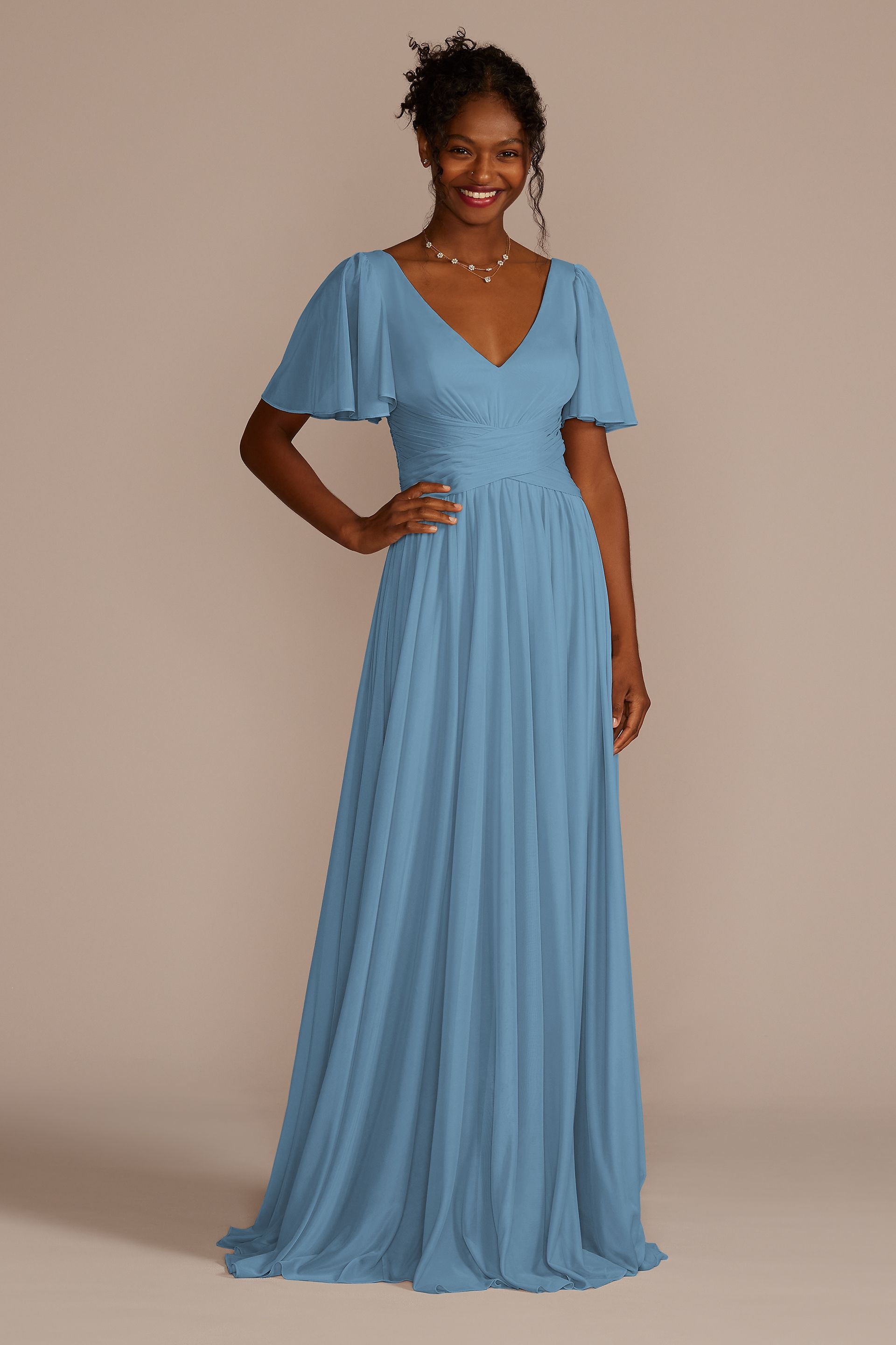 Celebrate DB Studio Flutter Sleeve Crisscross Mesh Bridesmaid Dress in Lake Size: 16 David's Bridal