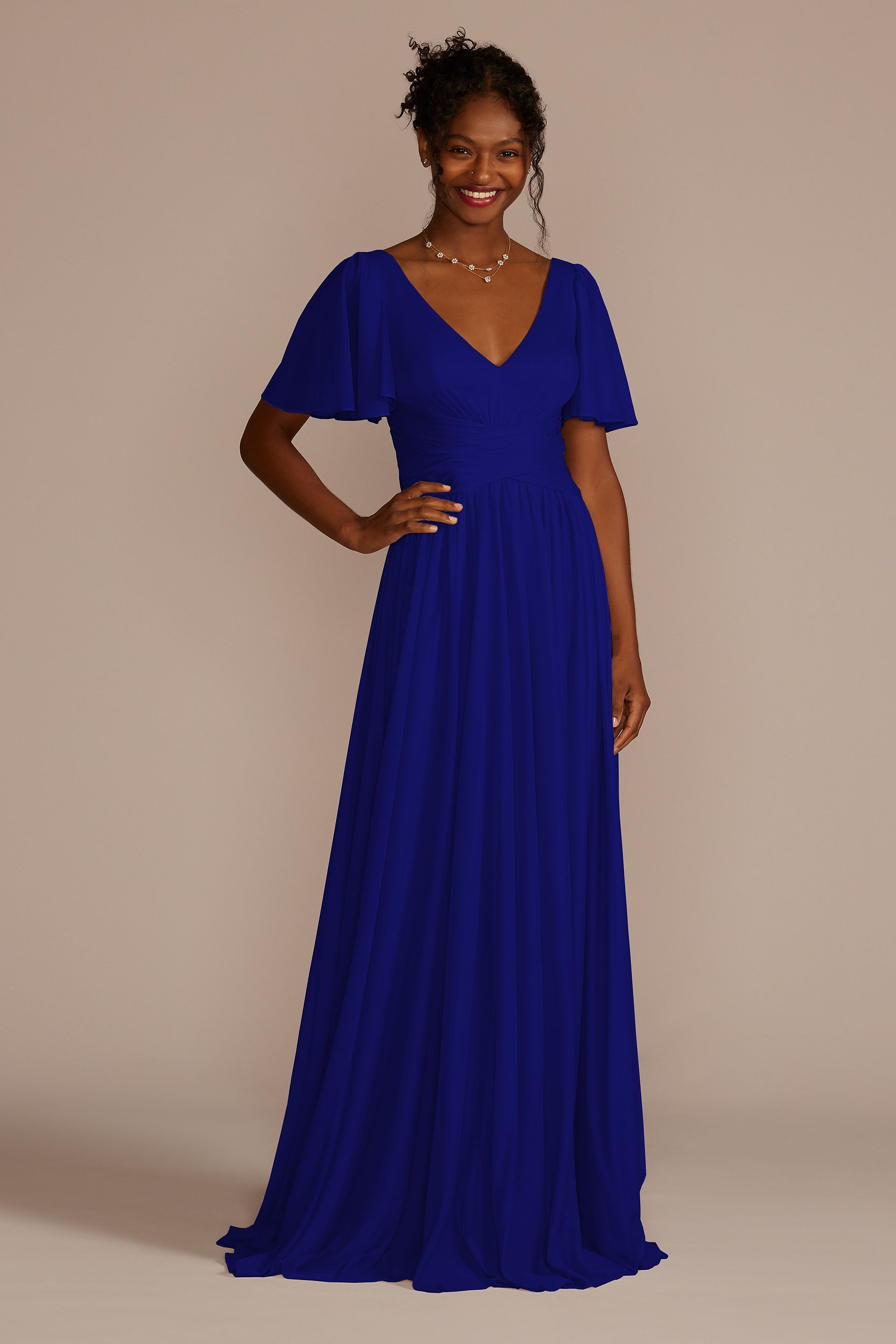 Celebrate DB Studio Flutter Sleeve Crisscross Mesh Bridesmaid Dress in Royal Blue Size: 0 David's Bridal