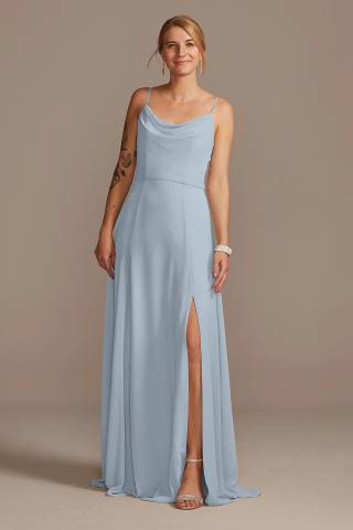 View Celebrate DB Studio Cowl Neck Chiffon Dress with Slit in all available color and sizes Picture of Cowl Neck Chiffon Dress with Slit