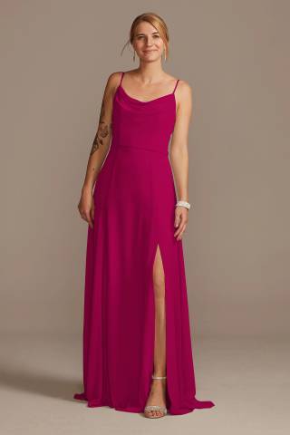 View Celebrate DB Studio Cowl Neck Chiffon Dress with Slit in all available color and sizes Picture of Cowl Neck Chiffon Dress with Slit