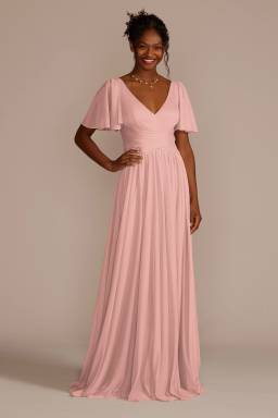 long flutter sleeve dress david's bridal Flutter Sleeve Full Skirt Bridesmaid Dress