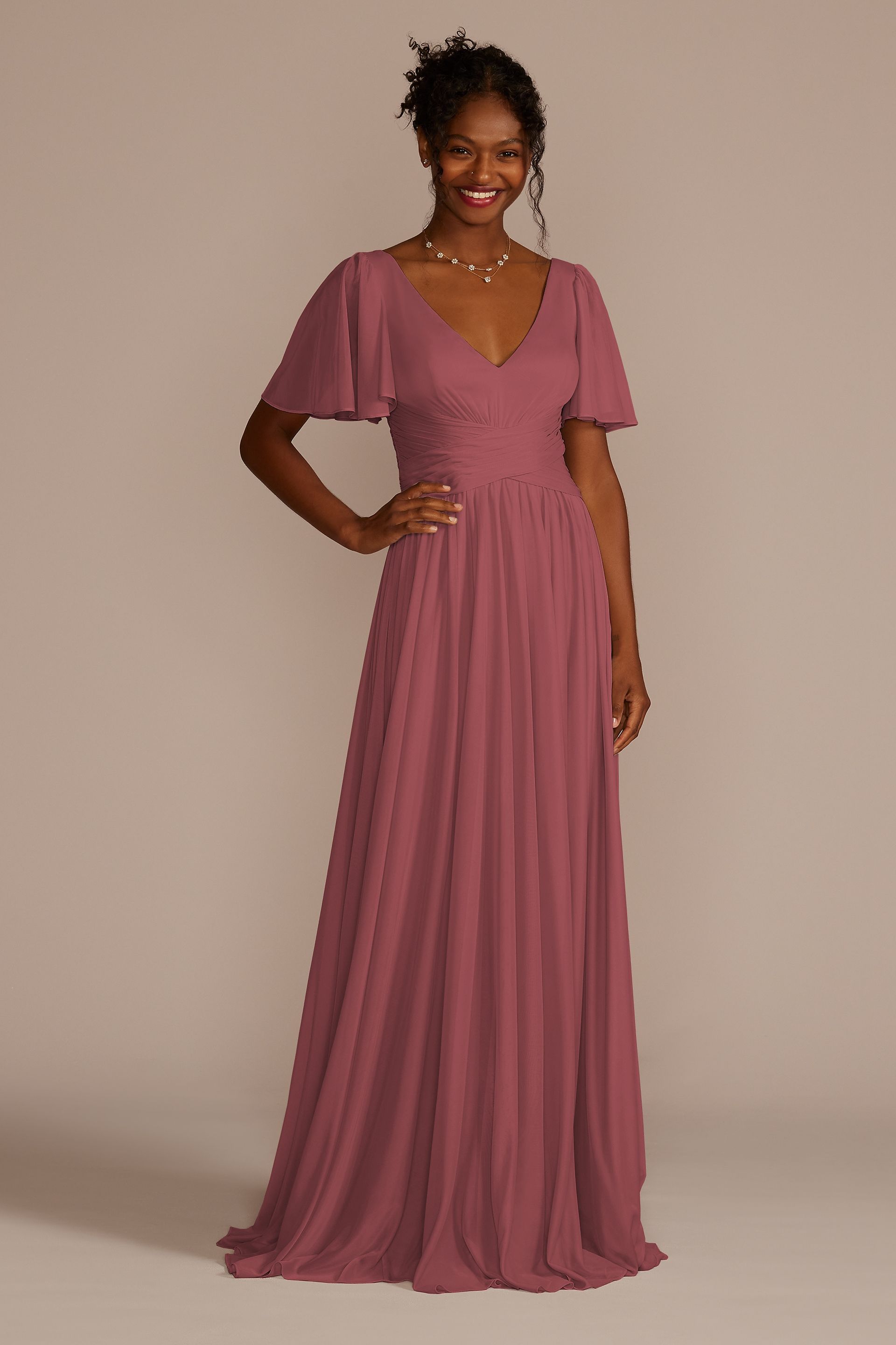 Celebrate DB Studio Flutter Sleeve Crisscross Mesh Bridesmaid Dress in Chianti Size: 22 David's Bridal