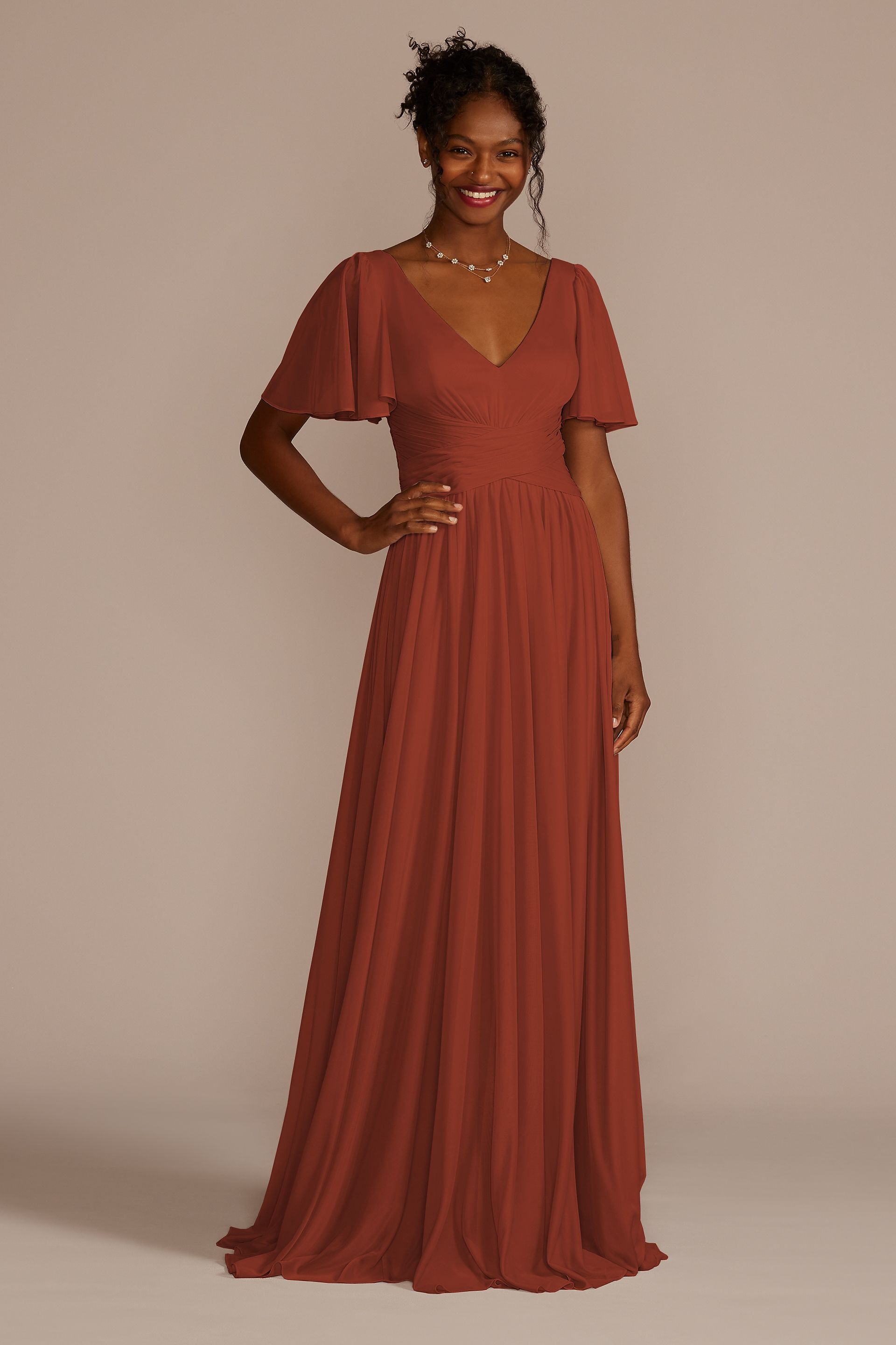 Celebrate DB Studio Flutter Sleeve Crisscross Mesh Bridesmaid Dress in Cinnamon Size: 22 David's Bridal