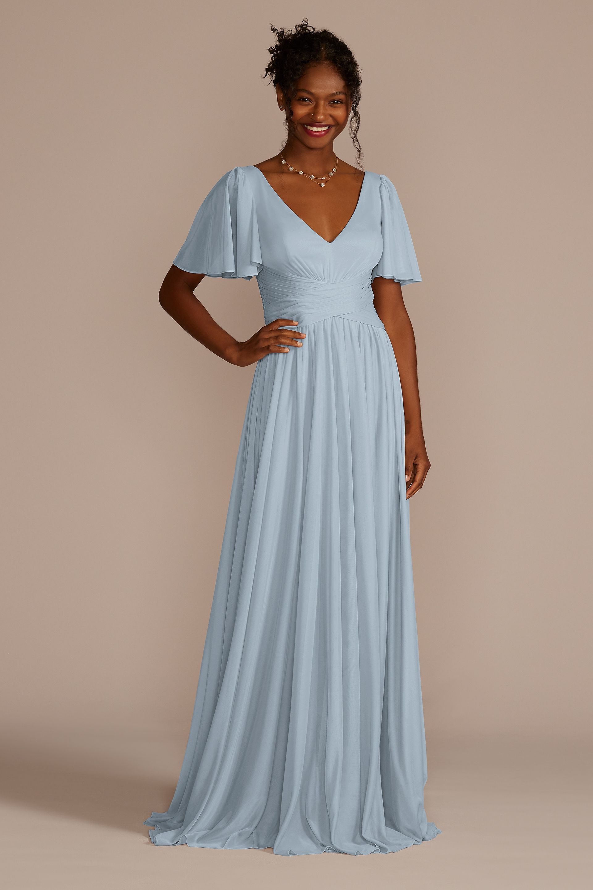 Celebrate DB Studio Flutter Sleeve Crisscross Mesh Bridesmaid Dress in Dusty Blue Size: 18 David's Bridal