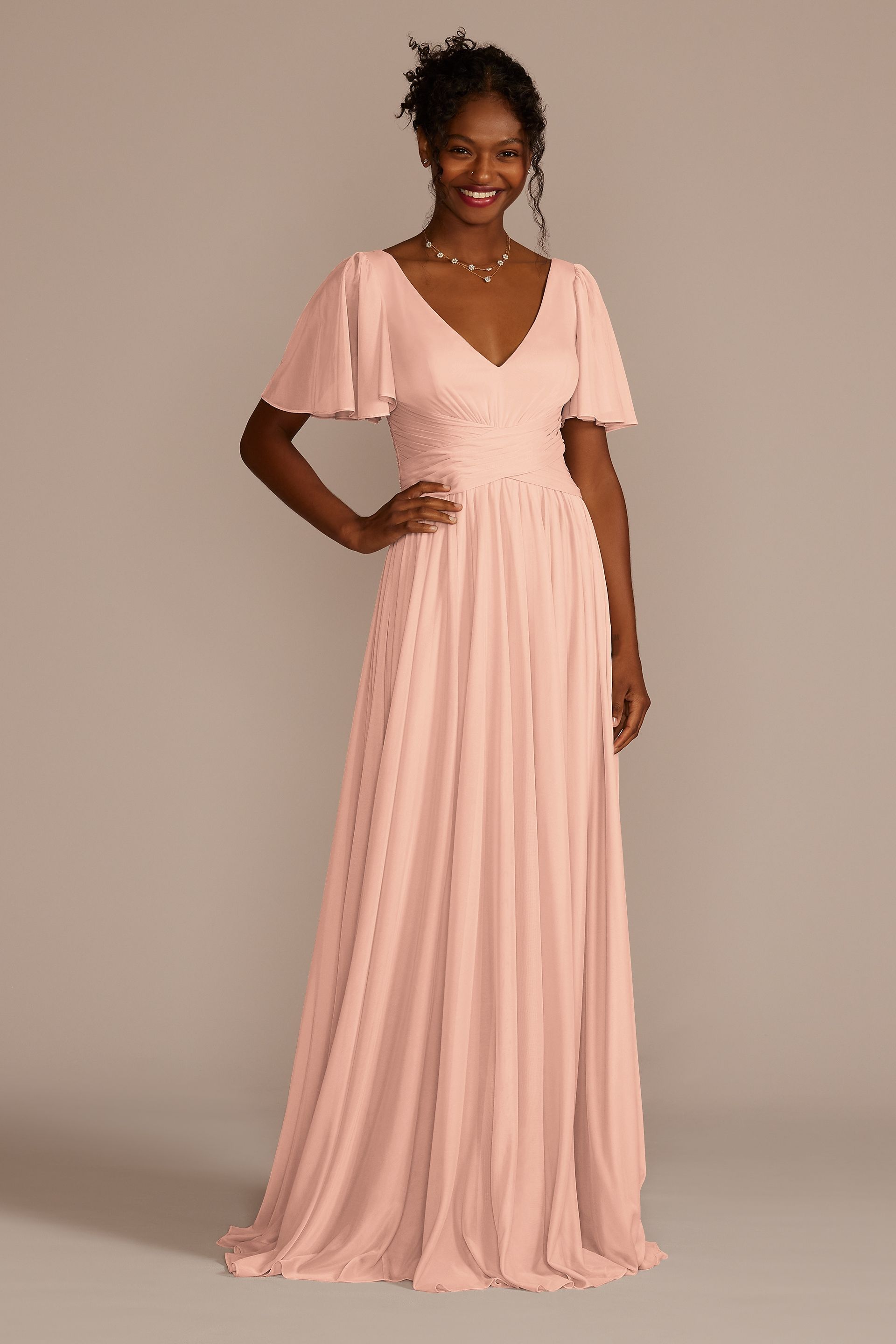 david's bridal flutter sleeve bridesmaid dress Flutter Sleeve Crisscross Mesh Bridesmaid Dress