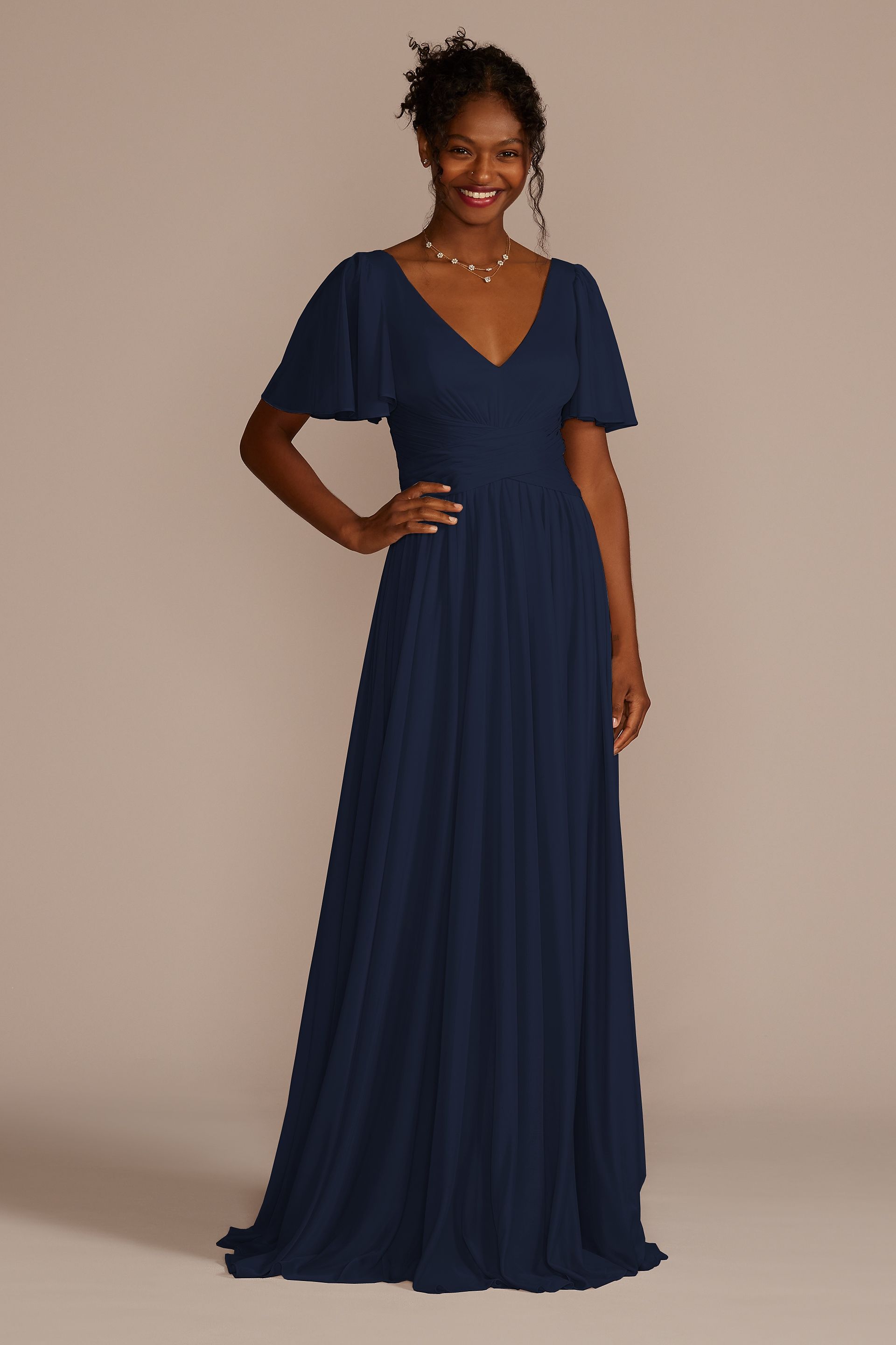 Celebrate DB Studio Flutter Sleeve Crisscross Mesh Bridesmaid Dress in Marine Size: 6 David's Bridal
