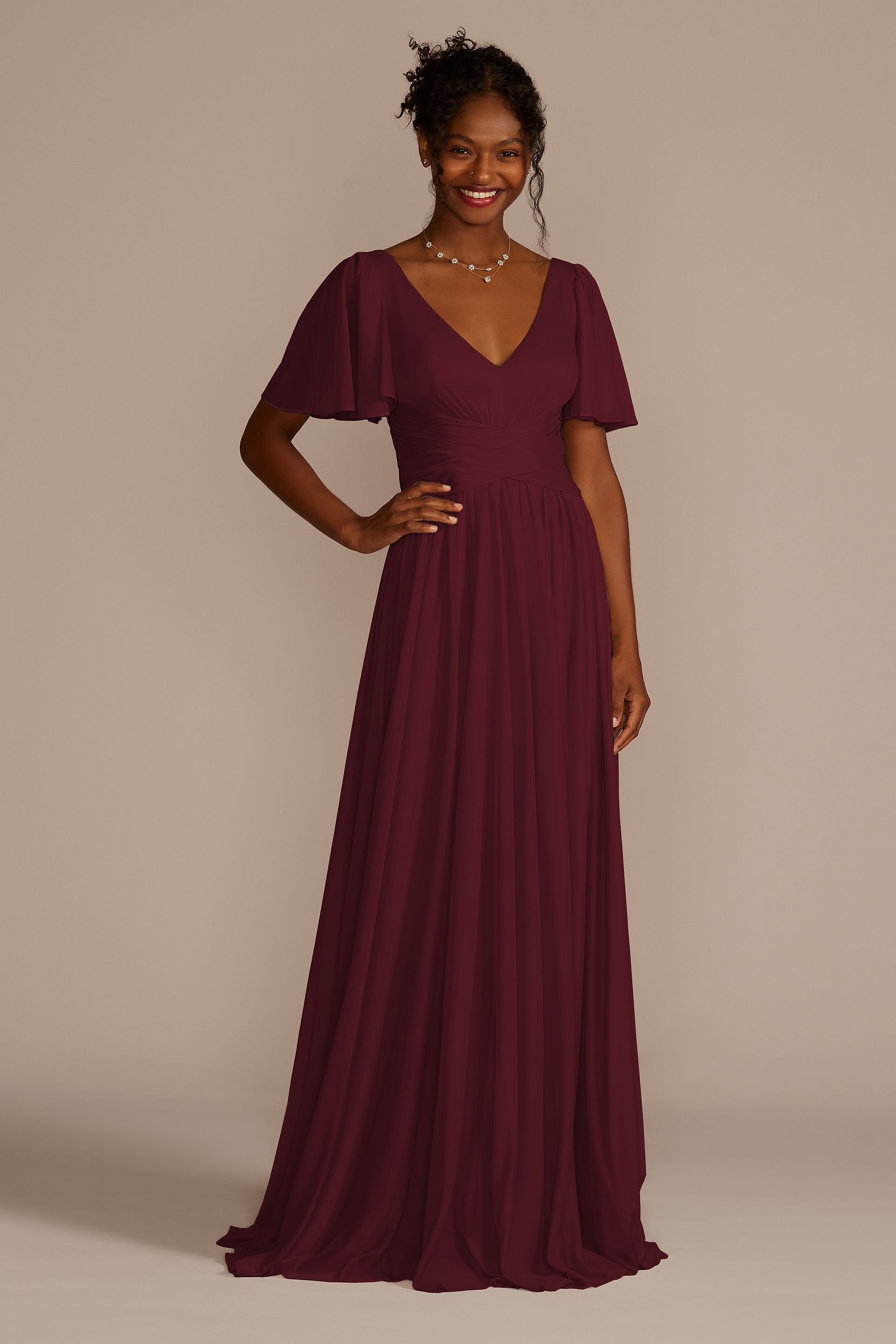 Celebrate DB Studio Flutter Sleeve Crisscross Mesh Bridesmaid Dress in Wine Size: 24 David's Bridal