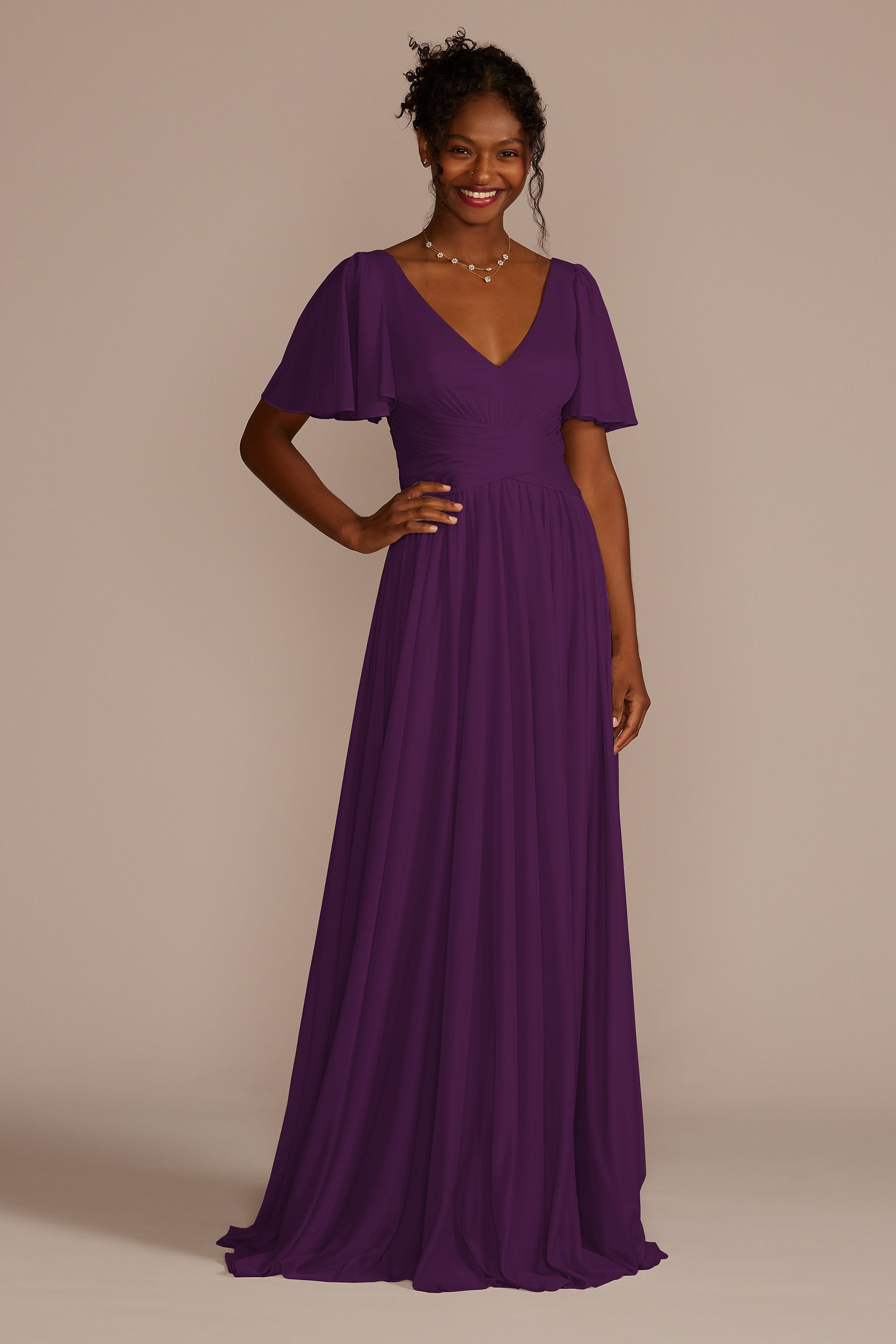 Celebrate DB Studio Flutter Sleeve Crisscross Mesh Bridesmaid Dress in Plum Size: 30 David's Bridal
