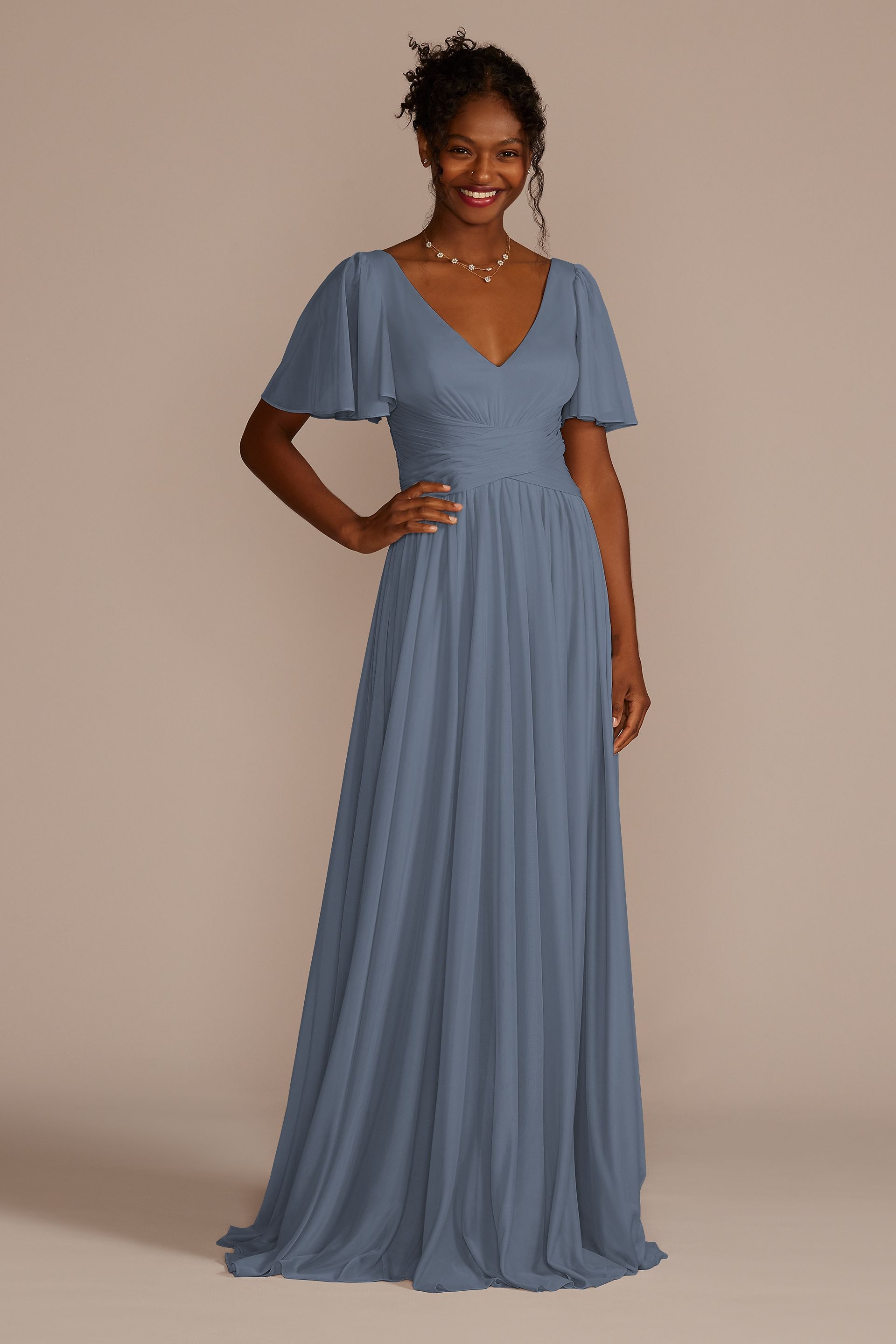 Celebrate DB Studio Flutter Sleeve Crisscross Mesh Bridesmaid Dress in Steel Blue Size: 6 David's Bridal