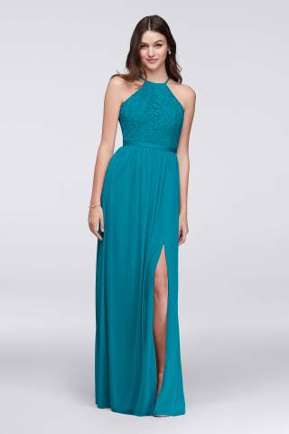 View David's Bridal Open-Back Lace and Mesh Bridesmaid Dress in all available color and sizes Picture of Open-Back Lace and Mesh Bridesmaid Dress