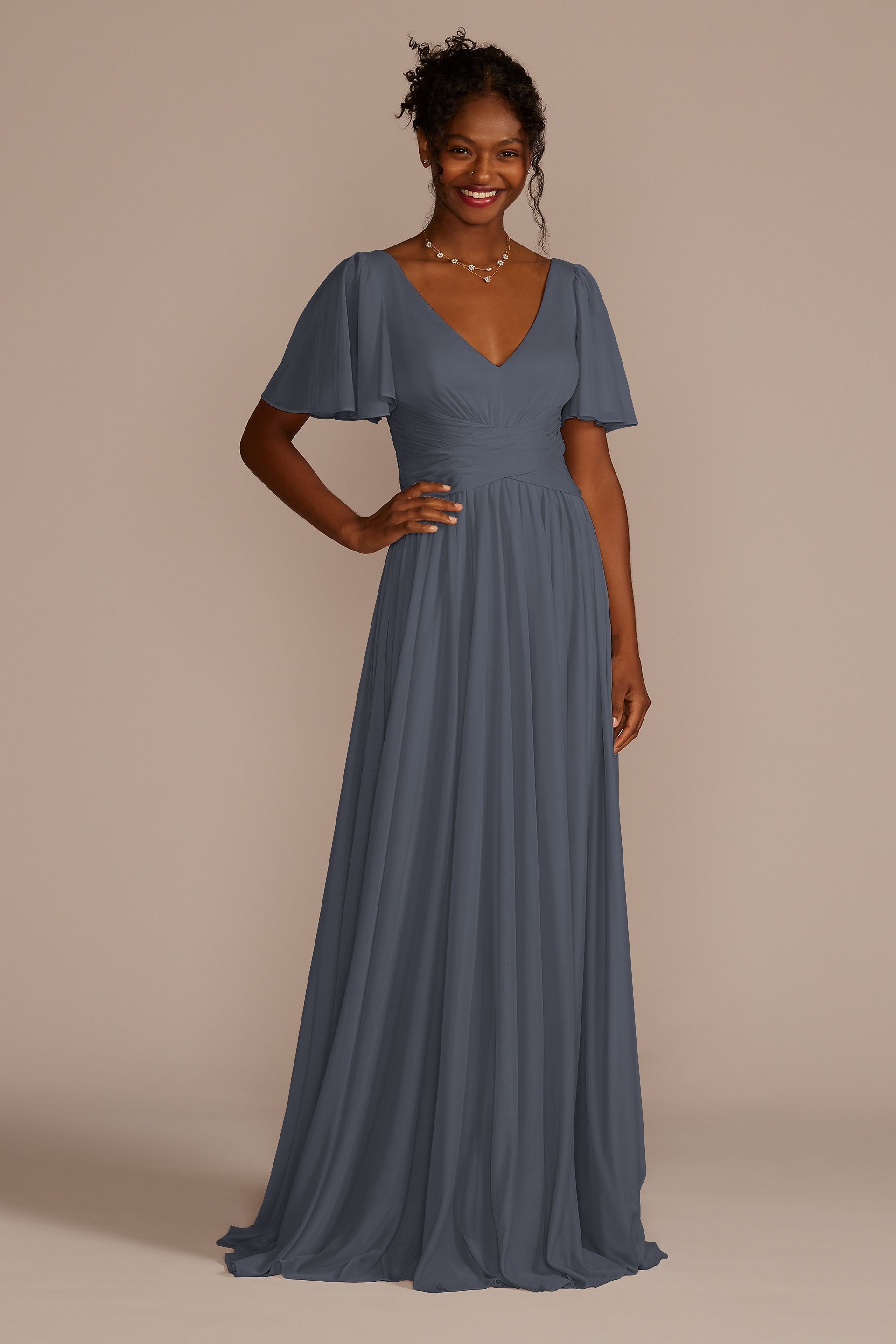Picture of Flutter Sleeve Crisscross Mesh Bridesmaid Dress