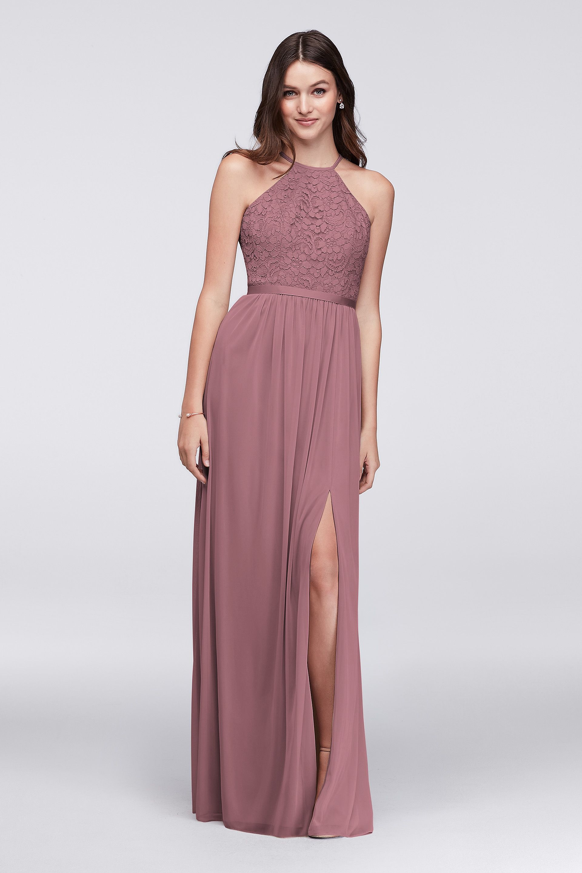 david's bridal halter top bridesmaid dress Davids Bridal Halter Wine Burgundy Maroon Lace Chiffon Long Bridesmaid Dress