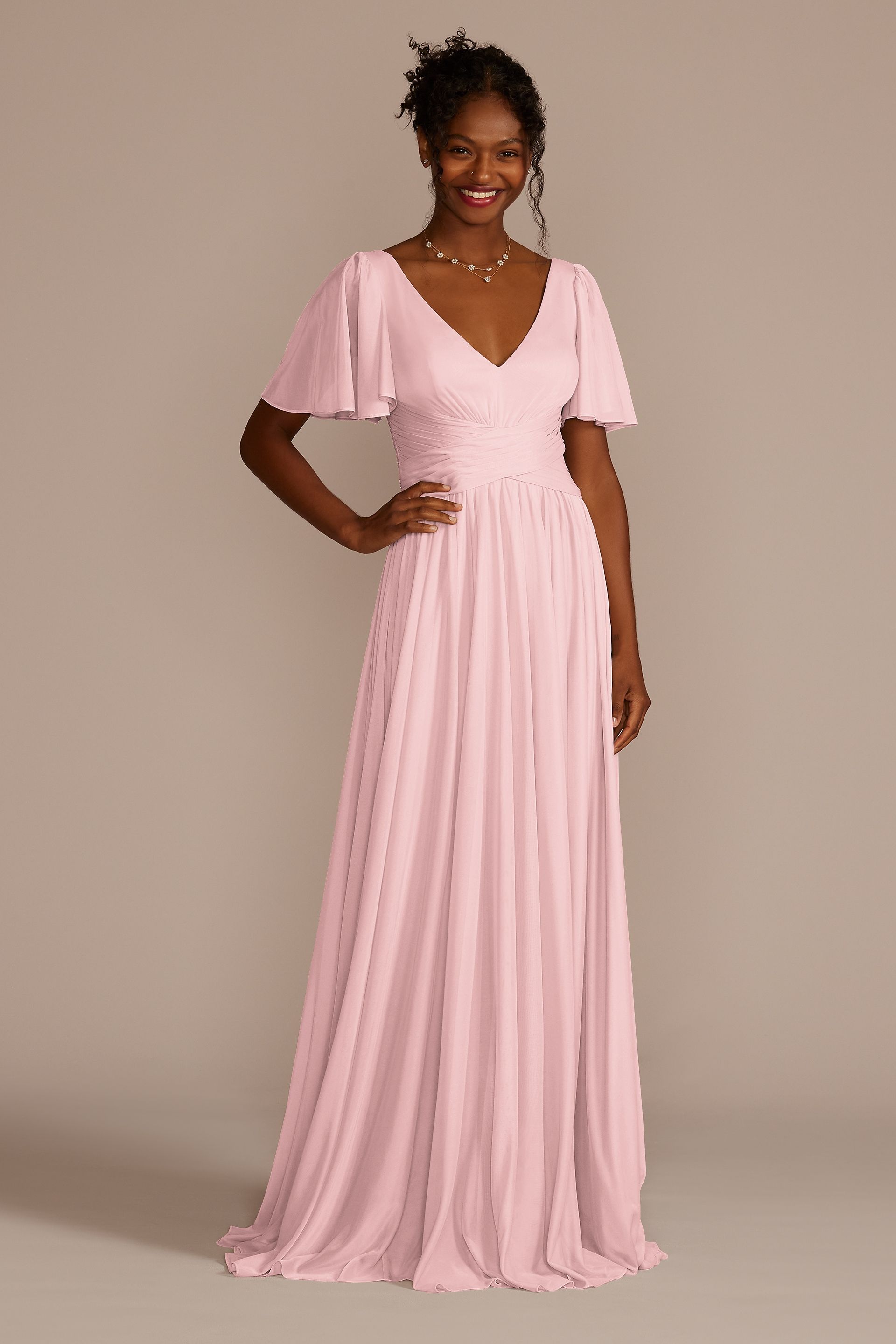 Celebrate DB Studio Flutter Sleeve Crisscross Mesh Bridesmaid Dress in Pastel Pink Size: 14 David's Bridal