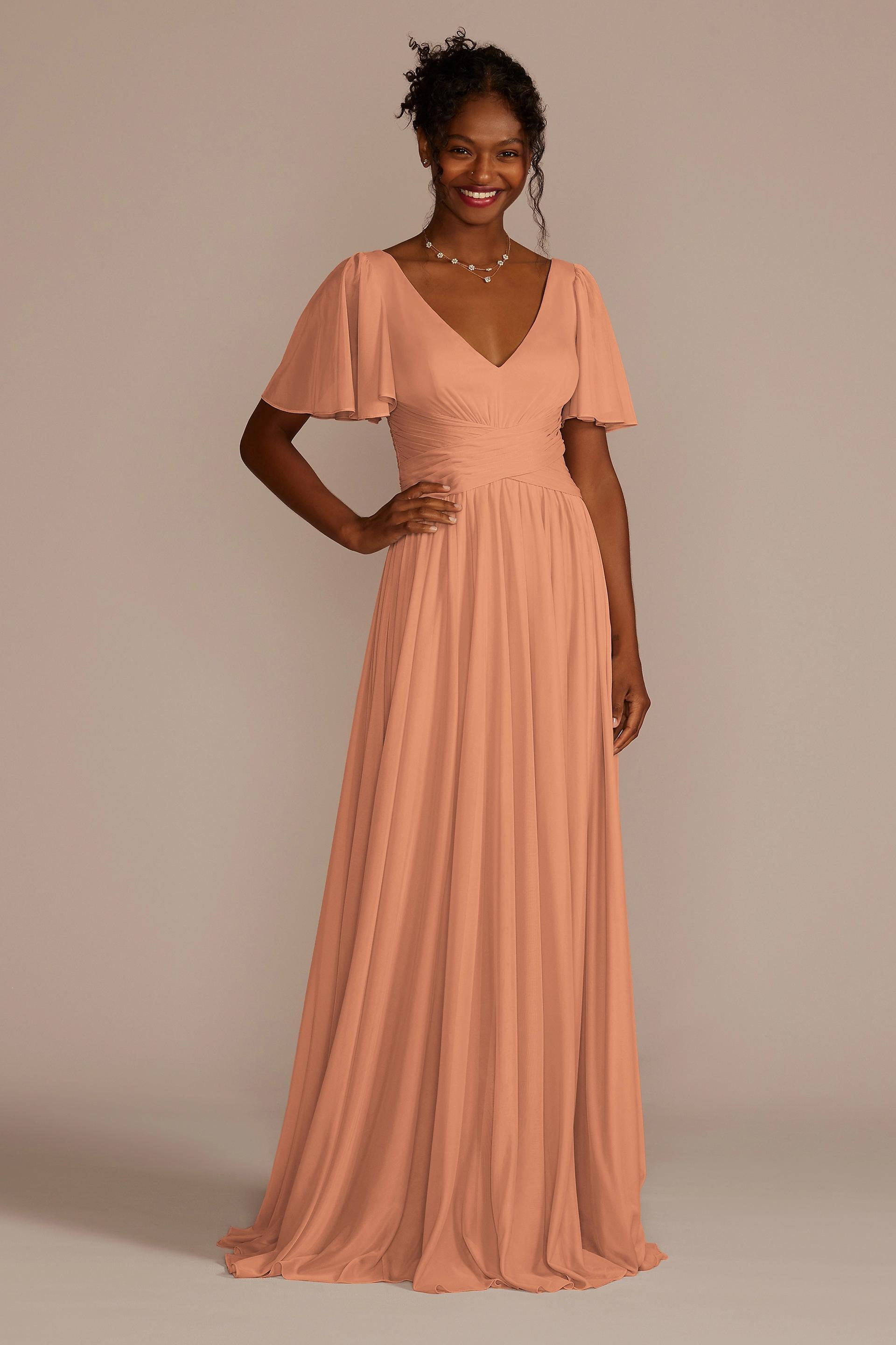 Celebrate DB Studio Flutter Sleeve Crisscross Mesh Bridesmaid Dress in Terracotta Size: 10 David's Bridal