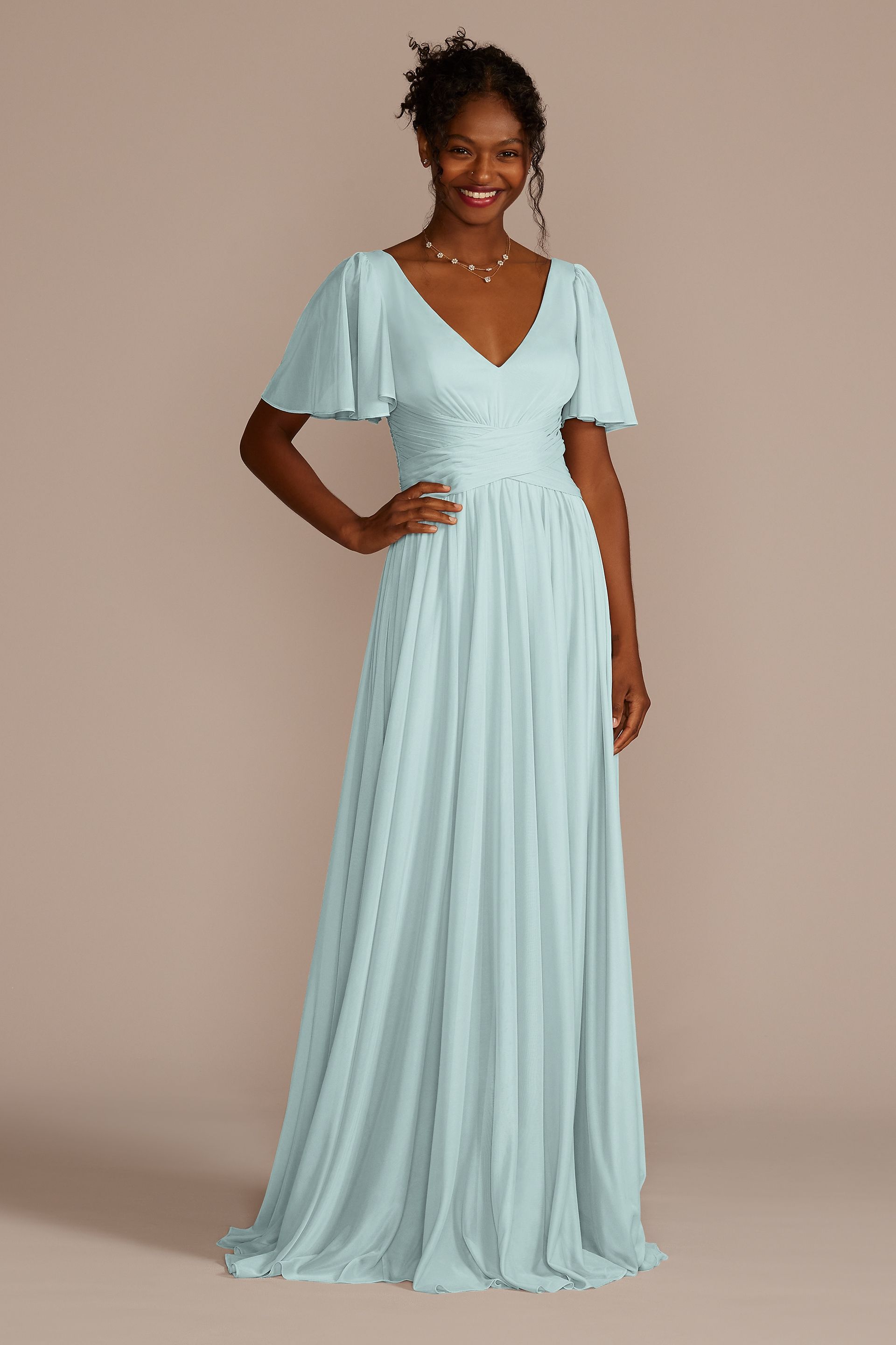 Celebrate DB Studio Flutter Sleeve Crisscross Mesh Bridesmaid Dress in Sky Blue Size: 10 David's Bridal