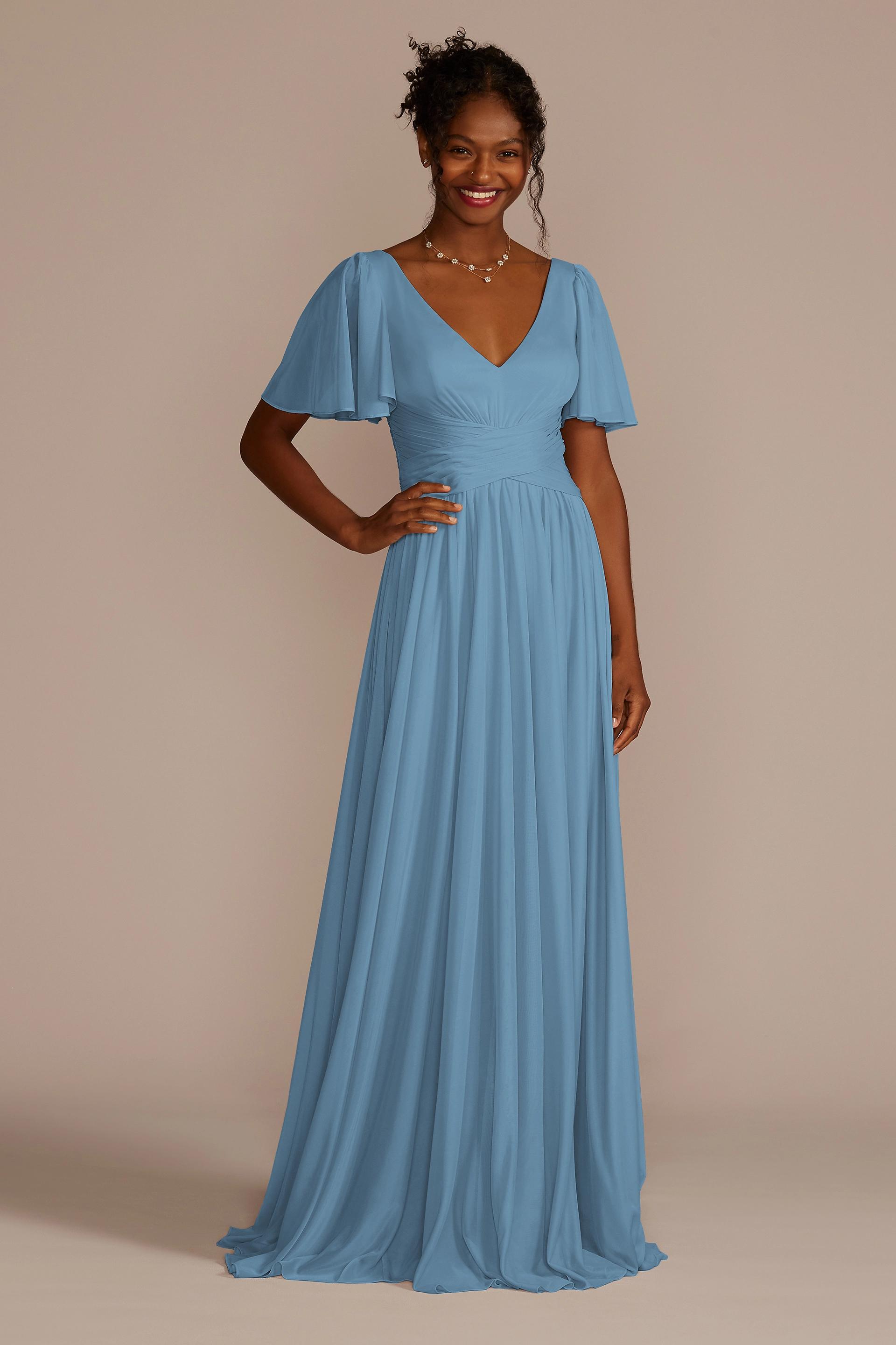 Celebrate DB Studio Flutter Sleeve Crisscross Mesh Bridesmaid Dress in Lake Size: 6 David's Bridal