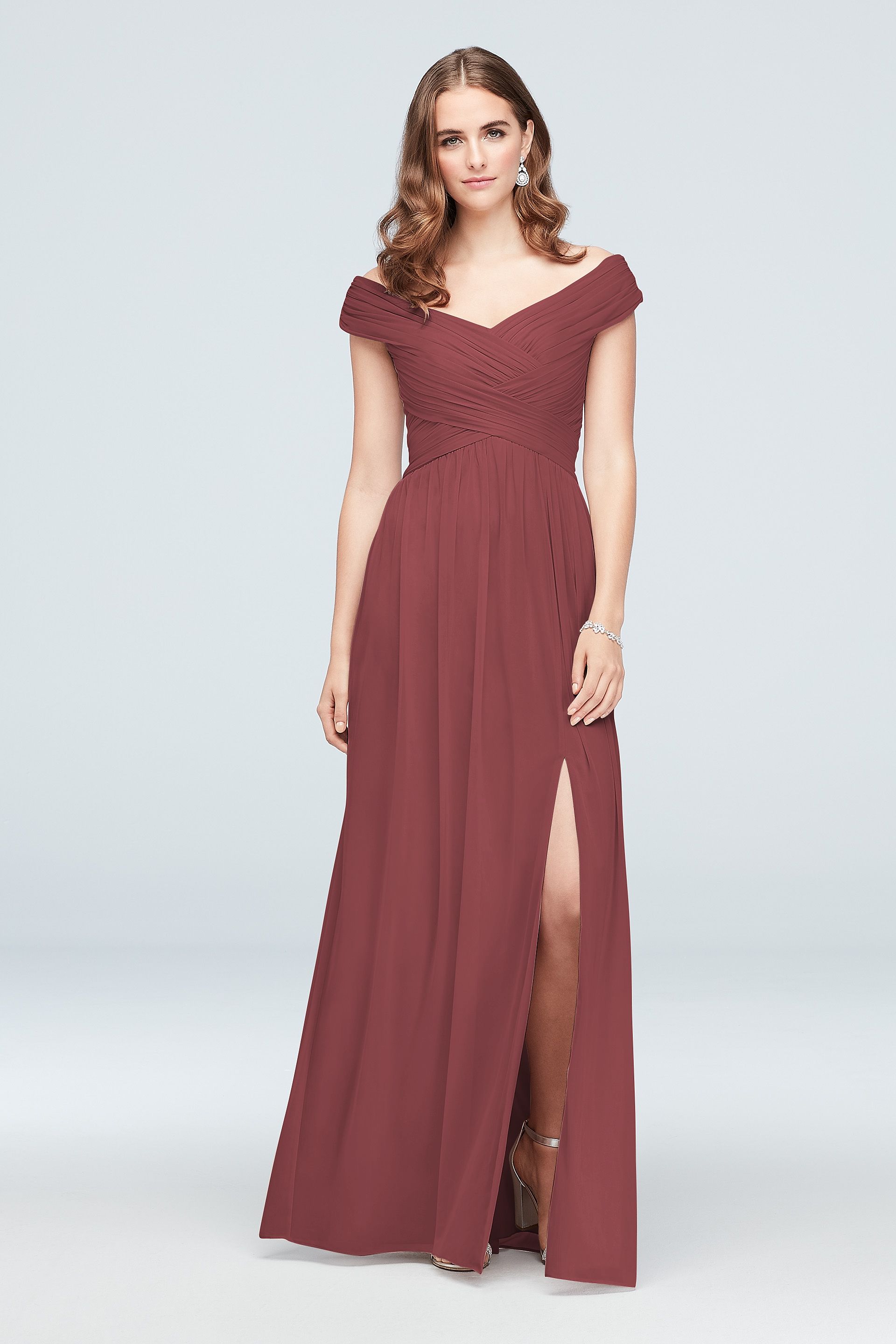 Celebrate DB Studio Off-The-Shoulder Mesh Tall Bridesmaid Dress in Chianti Size: 12 David's Bridal