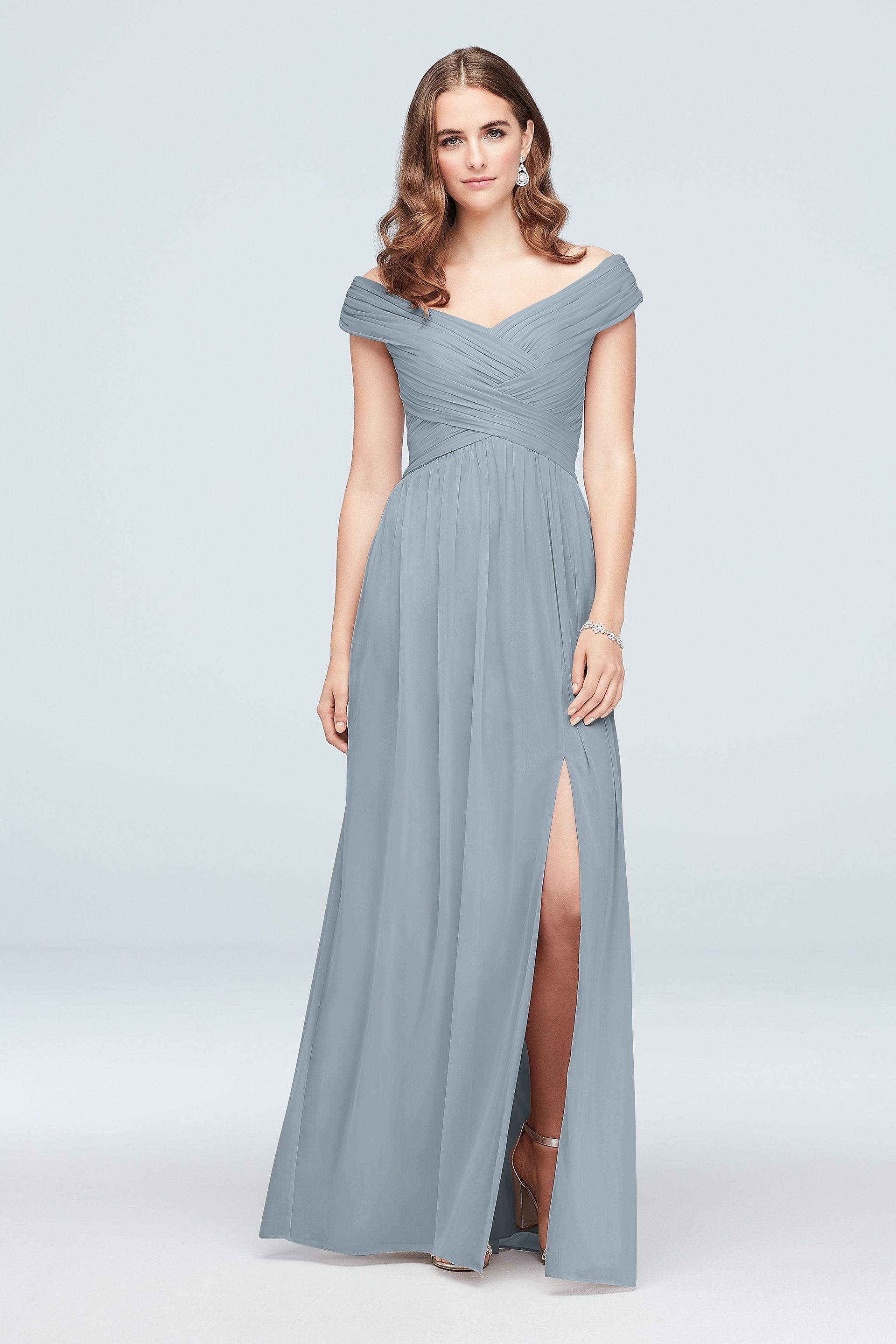 Celebrate DB Studio Off-The-Shoulder Mesh Tall Bridesmaid Dress in Dusty Blue Size: 18 David's Bridal